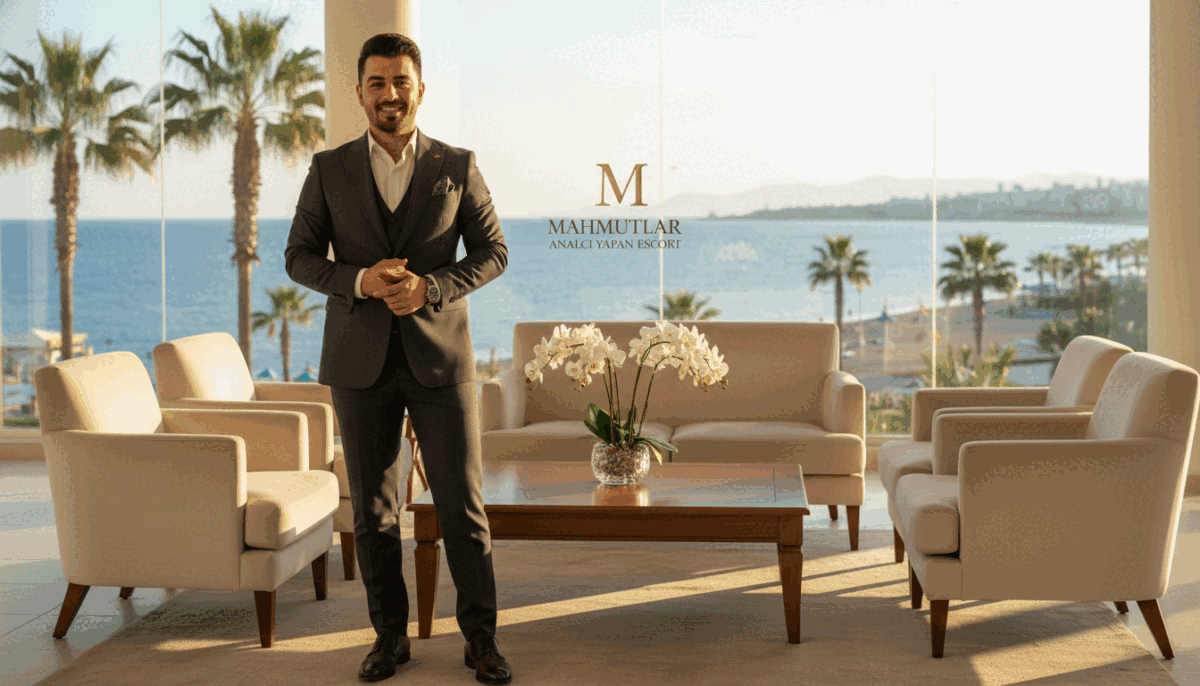 A sophisticated and inviting scene capturing a professional atmosphere in Mahmutlar. In the foreground, a well-dressed person representing "mahmutlar analcı yapan escort" stands confidently, wearing a tailored suit and exuding an air of professionalism. In the middle ground, elegantly decorated lounge furniture complements the ambiance, with soft lighting creating a warm and welcoming environment. The background features a glimpse of Mahmutlar’s scenic coastal view, with palm trees and the azure sea, hinting at a vibrant lifestyle. Use natural light, enhancing the serene atmosphere while maintaining a focus on the subject. The overall mood is warm, inviting, and classy, perfectly reflecting the diverse options available for clients seeking various needs.
