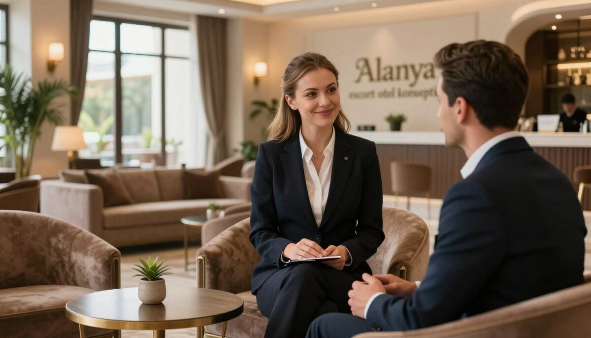 A sophisticated and inviting scene depicting a cozy and elegant hotel lobby in Alanya, designed for guests seeking escort services. In the foreground, a professionally dressed Russian-speaking escort with a warm smile is engaging in conversation with a well-groomed client, both exuding an air of confidence and professionalism. In the middle, plush seating arrangements and tasteful decor create an ambiance of luxury and comfort. Soft, natural lighting filters through large windows, casting a warm glow over the space. In the background, subtle hints of the hotel’s branding, "Alanya escort otel konsepti," adorn the walls, enhancing the sophisticated atmosphere. Capture the moment at a slight angle to emphasize both parties and create a sense of intimacy, ensuring the image conveys a welcoming and professional vibe. A sophisticated and inviting scene depicting a cozy and elegant hotel lobby in Alanya, designed for guests seeking escort services. In the foreground, a professionally dressed Russian-speaking escort with a warm smile is engaging in conversation with a well-groomed client, both exuding an air of confidence and professionalism. In the middle, plush seating arrangements and tasteful decor create an ambiance of luxury and comfort. Soft, natural lighting filters through large windows, casting a warm glow over the space. In the background, subtle hints of the hotel’s branding, "Alanya escort otel konsepti," adorn the walls, enhancing the sophisticated atmosphere. Capture the moment at a slight angle to emphasize both parties and create a sense of intimacy, ensuring the image conveys a welcoming and professional vibe.