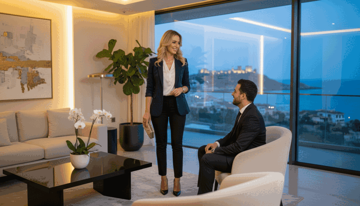A sophisticated and inviting scene depicting a stylish and elegant female escort in professional business attire, showcasing the essence of "alanya sarışın escort." She stands confidently in a tasteful, modern lounge atmosphere, with plush seating and warm, ambient lighting that enhances the upscale environment. In the foreground, she is engaged in a friendly conversation with a client, signaling a sense of trust and professionalism. The middle ground features elegant decor, such as contemporary artwork and tasteful ornamental plants, adding a touch of sophistication. The background reveals a panoramic view of the beautiful Alanya coastline through large glass windows, emphasizing the luxury and allure of the location. The overall mood is discreet yet inviting, embodying the essence of elite companionship while ensuring a safe and professional ambiance.