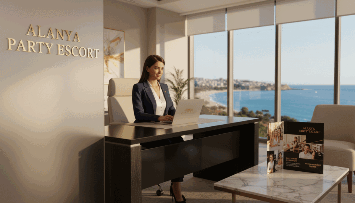 A sophisticated and inviting scene portraying an elegant office setting branded with the name "Alanya party escort." In the foreground, a confident, professional woman in smart business attire sits at a sleek desk, engaging with a laptop. The middle ground features a stylish brochure spread open, showcasing attractive packages and offerings provided by the agency. In the background, large windows reveal a stunning view of Alanya’s coastline, bathed in warm, golden sunlight, enhancing the overall warmth and professionalism of the image. The soft lighting creates a welcoming atmosphere, while a gentle focus on the woman highlights her professionalism. Capture this scene in a well-composed angle that emphasizes the elegance of the agency and its appealing offerings. A sophisticated and inviting scene portraying an elegant office setting branded with the name "Alanya party escort." In the foreground, a confident, professional woman in smart business attire sits at a sleek desk, engaging with a laptop. The middle ground features a stylish brochure spread open, showcasing attractive packages and offerings provided by the agency. In the background, large windows reveal a stunning view of Alanya’s coastline, bathed in warm, golden sunlight, enhancing the overall warmth and professionalism of the image. The soft lighting creates a welcoming atmosphere, while a gentle focus on the woman highlights her professionalism. Capture this scene in a well-composed angle that emphasizes the elegance of the agency and its appealing offerings.