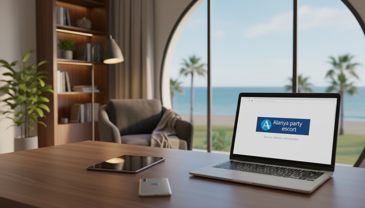 A sophisticated and inviting scene set in a stylish office environment, showcasing communication methods in professional escort services. In the foreground, a neatly arranged desk features an elegant smartphone, a sleek tablet, and an open laptop displaying the brand name "Alanya party escort." The middle layer captures a tastefully decorated office space with a plush chair and soft lighting that creates a warm atmosphere. In the background, a large window reveals a glimpse of the beautiful Mahmutlar coastline under a clear blue sky, symbolizing relaxation and escape. The overall mood is calm and inviting, emphasizing professionalism and accessibility in the escort services offered. The image is well-lit, using a soft focus to enhance the inviting feel. No people are depicted, ensuring a purely professional portrayal.
