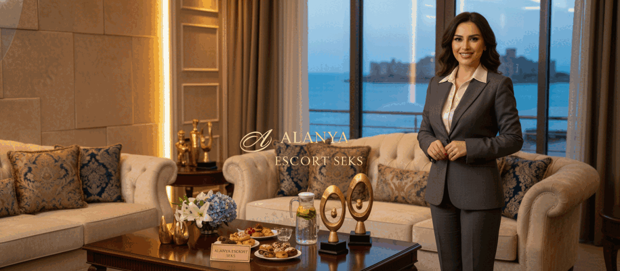 A sophisticated and luxurious interior scene reflecting the upscale escort services in Alanya. In the foreground, a elegantly dressed woman in professional business attire stands confidently, smiling warmly. She stands beside a stylish high-end sofa with decorative cushions. In the middle ground, a tastefully arranged coffee table with a selection of refreshments, flowers, and sophisticated décor items. The background features soft, ambient lighting that sets a welcoming atmosphere, with decorative wall accents and an inviting window view showcasing the stunning Alanya coastline. The image conveys professionalism and allure without being provocative, representing a premium service under the banner "alanya escort seks." The overall mood is warm, approachable, and refined, with a slight focus on the luxurious elements of the setting. A sophisticated and luxurious interior scene reflecting the upscale escort services in Alanya. In the foreground, a elegantly dressed woman in professional business attire stands confidently, smiling warmly. She stands beside a stylish high-end sofa with decorative cushions. In the middle ground, a tastefully arranged coffee table with a selection of refreshments, flowers, and sophisticated décor items. The background features soft, ambient lighting that sets a welcoming atmosphere, with decorative wall accents and an inviting window view showcasing the stunning Alanya coastline. The image conveys professionalism and allure without being provocative, representing a premium service under the banner "alanya escort seks." The overall mood is warm, approachable, and refined, with a slight focus on the luxurious elements of the setting.