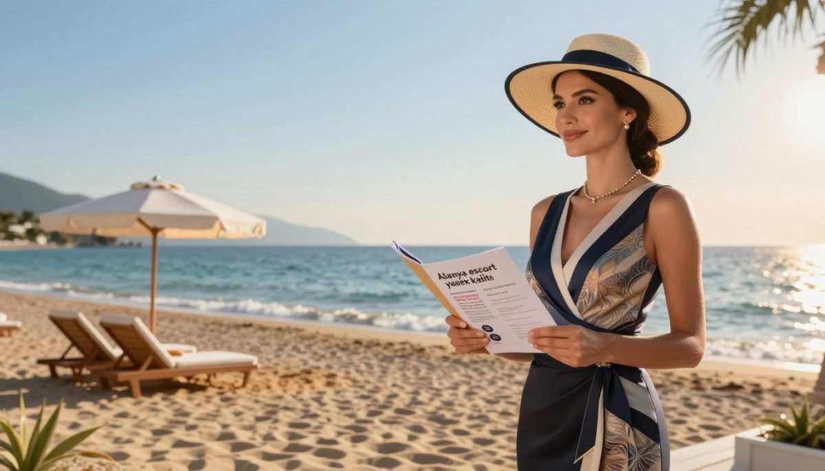 A sophisticated and modern illustration of a luxurious beachside escort service in Alanya, highlighting "Alanya escort yüksek kalite." In the foreground, a professional and elegantly dressed female escort, wearing a chic sundress and a sunhat, stands confidently holding a chic brochure featuring pricing and payment methods. In the middle ground, a serene beach scene with soft, golden sand and gentle waves lapping at the shore, accented by lounge chairs and a tasteful umbrella. The background features a clear blue sky with a hint of sunset, creating a warm and inviting atmosphere. Natural lighting enhances the scene, offering a soft glow over the escort and surroundings, while a wide-angle lens captures the beauty of the luxurious location, reflecting high-quality service and professionalism. A sophisticated and modern illustration of a luxurious beachside escort service in Alanya, highlighting "Alanya escort yüksek kalite." In the foreground, a professional and elegantly dressed female escort, wearing a chic sundress and a sunhat, stands confidently holding a chic brochure featuring pricing and payment methods. In the middle ground, a serene beach scene with soft, golden sand and gentle waves lapping at the shore, accented by lounge chairs and a tasteful umbrella. The background features a clear blue sky with a hint of sunset, creating a warm and inviting atmosphere. Natural lighting enhances the scene, offering a soft glow over the escort and surroundings, while a wide-angle lens captures the beauty of the luxurious location, reflecting high-quality service and professionalism.