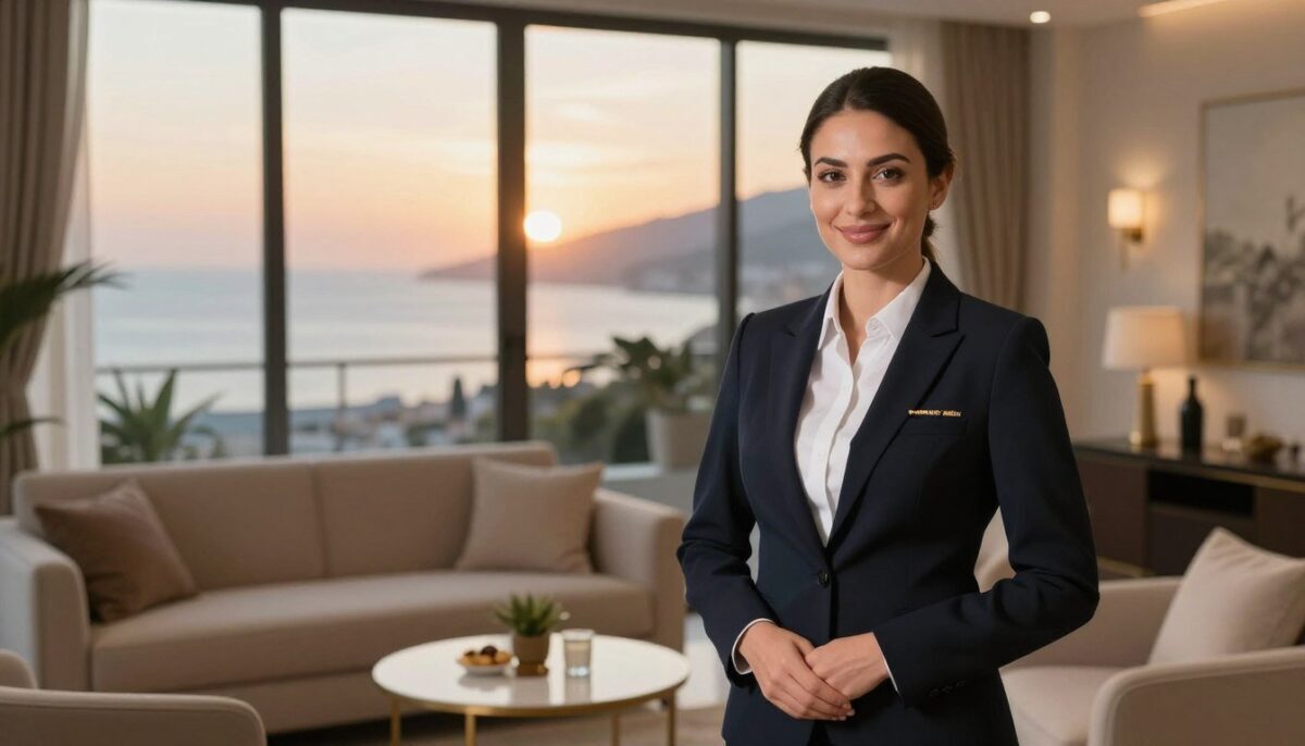 A sophisticated and serene setting that embodies trust and professionalism in an escort service context. In the foreground, a well-dressed individual in business attire, displaying confidence and approachability, stands with an inviting smile. The middle ground features an elegantly styled room with soft lighting, tasteful decor, and an emphasis on comfort and safety. A plush sofa and a small table with refreshments subtly hint at a welcoming atmosphere. In the background, large windows reveal a beautiful Alanya coastline, bathed in warm sunset hues, enhancing the tranquil vibe. The overall mood is relaxed yet polished, capturing the essence of a secure and high-quality experience, specifically highlighting "Alanya escort özel müşteri" services. The composition should focus on the subject with a soft depth of field, lending an intimate touch while maintaining professionalism. A sophisticated and serene setting that embodies trust and professionalism in an escort service context. In the foreground, a well-dressed individual in business attire, displaying confidence and approachability, stands with an inviting smile. The middle ground features an elegantly styled room with soft lighting, tasteful decor, and an emphasis on comfort and safety. A plush sofa and a small table with refreshments subtly hint at a welcoming atmosphere. In the background, large windows reveal a beautiful Alanya coastline, bathed in warm sunset hues, enhancing the tranquil vibe. The overall mood is relaxed yet polished, capturing the essence of a secure and high-quality experience, specifically highlighting "Alanya escort özel müşteri" services. The composition should focus on the subject with a soft depth of field, lending an intimate touch while maintaining professionalism.