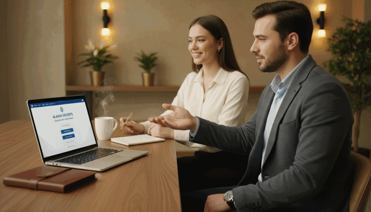A sophisticated booking process for the "Alanya Escort" service is the focal point of the image. In the foreground, depict a well-organized desk with a laptop displaying a sleek booking interface, alongside a notepad and a steaming cup of coffee. In the middle ground, illustrate a professional individual dressed in a smart casual outfit, discussing the reservation details with a friendly customer service representative sitting across the desk. In the background, softly lit elegant decor suggests a welcoming office environment, with plants and soft lighting adding warmth. The atmosphere should convey professionalism and trust, highlighting the easy booking experience. Use natural lighting to create a calm and inviting mood, focusing on a shallow depth of field to keep the viewer's attention on the subjects. A sophisticated booking process for the "Alanya Escort" service is the focal point of the image. In the foreground, depict a well-organized desk with a laptop displaying a sleek booking interface, alongside a notepad and a steaming cup of coffee. In the middle ground, illustrate a professional individual dressed in a smart casual outfit, discussing the reservation details with a friendly customer service representative sitting across the desk. In the background, softly lit elegant decor suggests a welcoming office environment, with plants and soft lighting adding warmth. The atmosphere should convey professionalism and trust, highlighting the easy booking experience. Use natural lighting to create a calm and inviting mood, focusing on a shallow depth of field to keep the viewer's attention on the subjects.
