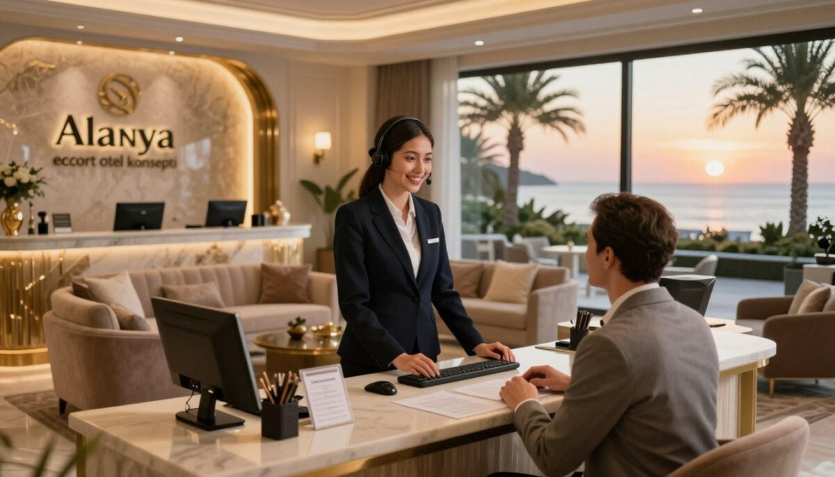 A sophisticated customer support service desk set in a luxurious hotel environment, specifically representing the "Alanya escort otel konsepti." In the foreground, a professional-looking customer service representative in business attire engages with a satisfied guest, smiling and attentive. The middle layer showcases an elegant reception area adorned with plush furnishings, soft lighting, and tasteful decor that reflects opulence. A sleek computer and various support materials are visible on the desk, suggesting a high-end service experience. In the background, expansive windows reveal a beautiful view of palm trees and a sunset over the Mediterranean Sea, creating a warm and inviting atmosphere. The lighting is soft and welcoming, enhancing the overall mood of professionalism and luxury, shot from a slightly elevated angle to capture the entire scene effectively. A sophisticated customer support service desk set in a luxurious hotel environment, specifically representing the "Alanya escort otel konsepti." In the foreground, a professional-looking customer service representative in business attire engages with a satisfied guest, smiling and attentive. The middle layer showcases an elegant reception area adorned with plush furnishings, soft lighting, and tasteful decor that reflects opulence. A sleek computer and various support materials are visible on the desk, suggesting a high-end service experience. In the background, expansive windows reveal a beautiful view of palm trees and a sunset over the Mediterranean Sea, creating a warm and inviting atmosphere. The lighting is soft and welcoming, enhancing the overall mood of professionalism and luxury, shot from a slightly elevated angle to capture the entire scene effectively.