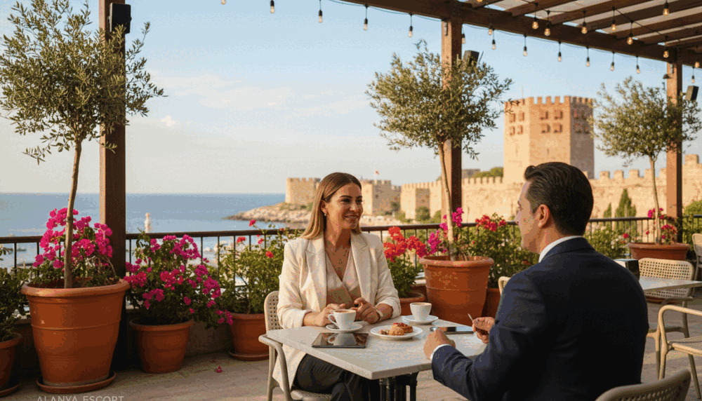 A sophisticated, elegant scene showcasing a professional female escort representing "alanya escort" in a stylish outdoor café setting in Alanya. In the foreground, a well-dressed woman in business attire, exuding confidence and poise, is engaged in lively conversation with a client. The mid-ground features a charming terrace adorned with potted plants and soft, ambient lighting, creating an inviting atmosphere. In the background, the beautiful Mediterranean coastline and historical architecture of Alanya can be seen, under a clear blue sky. The image captures a warm and friendly mood, emphasizing professionalism and approachability. The lighting is soft and warm, suggesting a late afternoon ambiance, while the angle is slightly elevated to provide a comprehensive view of the scene. A sophisticated, elegant scene showcasing a professional female escort representing "alanya escort" in a stylish outdoor café setting in Alanya. In the foreground, a well-dressed woman in business attire, exuding confidence and poise, is engaged in lively conversation with a client. The mid-ground features a charming terrace adorned with potted plants and soft, ambient lighting, creating an inviting atmosphere. In the background, the beautiful Mediterranean coastline and historical architecture of Alanya can be seen, under a clear blue sky. The image captures a warm and friendly mood, emphasizing professionalism and approachability. The lighting is soft and warm, suggesting a late afternoon ambiance, while the angle is slightly elevated to provide a comprehensive view of the scene.