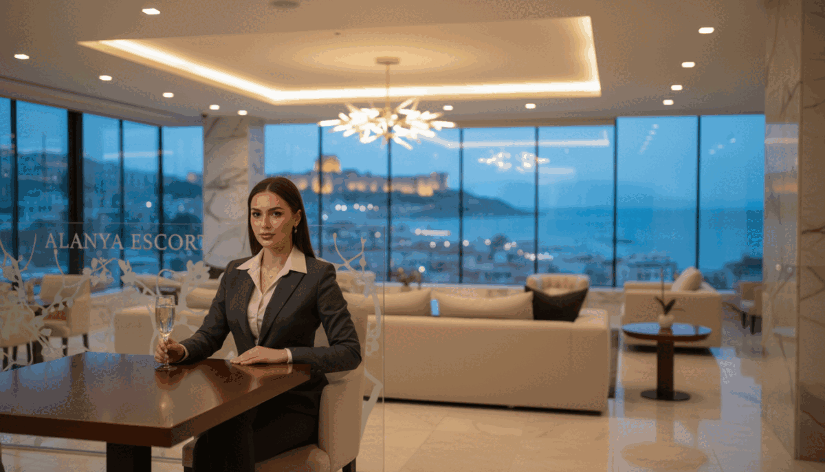 A sophisticated, elegant setting in Alanya that features a well-dressed professional escort. In the foreground, the escort is seated gracefully at a stylish table, wearing a chic tailored suit that exudes confidence and poise. The middle ground showcases a luxurious lounge with modern decor, ambient lighting casting a warm glow over the scene. In the background, glimpses of the Alanya coastline are visible through large windows, hinting at the vibrant city atmosphere outside. The overall mood is one of exclusivity and professionalism, with soft focus to create an inviting ambiance. The brand name "alanya escort" is subtly integrated into the design of the lounge elements. A sophisticated, elegant setting in Alanya that features a well-dressed professional escort. In the foreground, the escort is seated gracefully at a stylish table, wearing a chic tailored suit that exudes confidence and poise. The middle ground showcases a luxurious lounge with modern decor, ambient lighting casting a warm glow over the scene. In the background, glimpses of the Alanya coastline are visible through large windows, hinting at the vibrant city atmosphere outside. The overall mood is one of exclusivity and professionalism, with soft focus to create an inviting ambiance. The brand name "alanya escort" is subtly integrated into the design of the lounge elements.