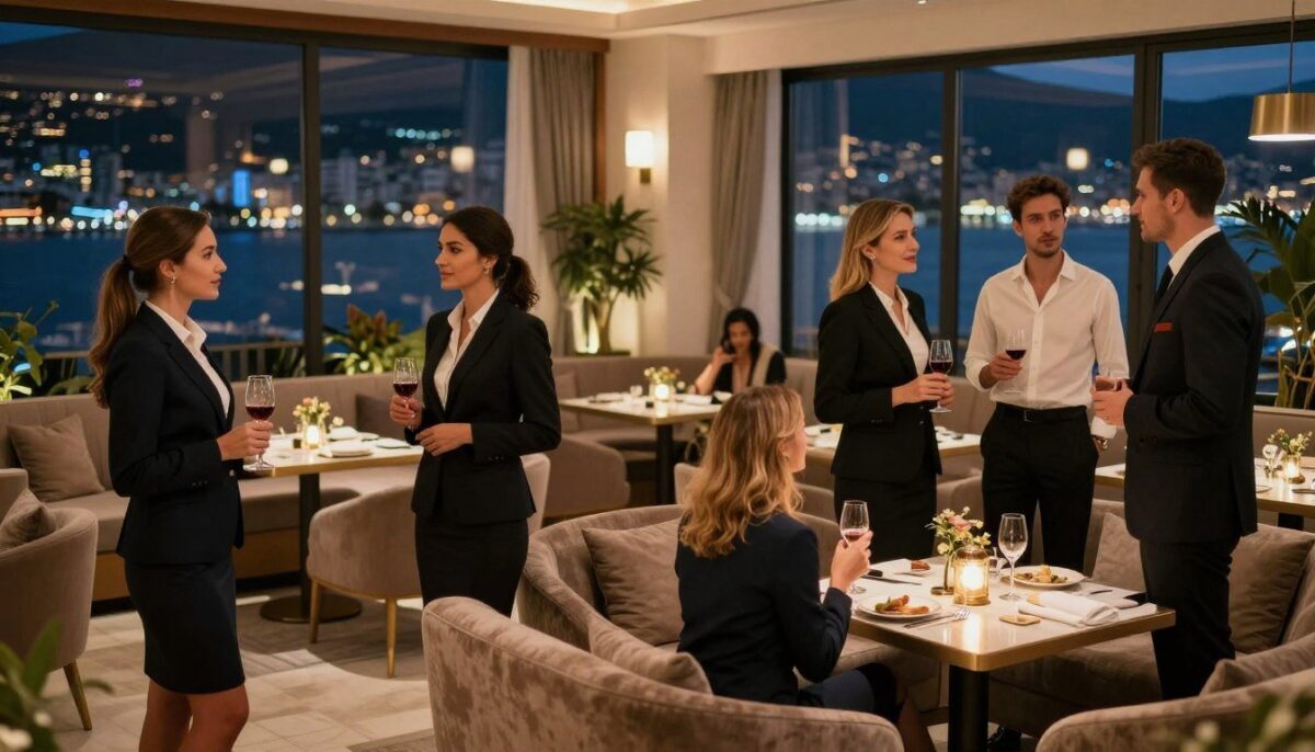A sophisticated evening scene set in a stylish Alanya hotel lounge, showcasing a group of well-dressed escort service professionals in elegant, business attire engaged in conversation. In the foreground, a diverse group of two or three women and men exude confidence and charm, standing around a plush seating area with drinks in hand. The middle ground features intimate tables with tasteful decor, soft ambient lighting creating a warm and inviting atmosphere. In the background, panoramic views of Alanya’s vibrant nightlife through large windows, illuminated by city lights. The entire composition is shot with a wide-angle lens to capture the lively essence of social interaction. The mood is sophisticated and welcoming, reflecting the "Alanya escort otel konsepti" brand.