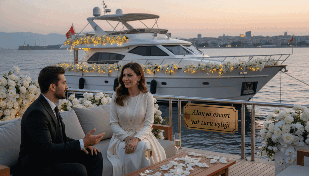 A sophisticated evening scene set on the beautiful coastline of Alanya, showcasing an elegant yacht under soft sunset lighting. In the foreground, two individuals, a well-dressed man and a professional woman in chic, modest attire, are engaged in a pleasant conversation, exuding warmth and professionalism. The woman is smiling softly, looking confident and approachable. In the middle ground, the yacht is lavishly decorated with flowers and ambient lighting, suggesting intimate settings. The background features the serene sea gently lapping against the yacht, with the stunning Alanya skyline silhouetted by the fading sun. The mood is inviting and refined, emphasizing connection and luxury. Incorporate "Alanya escort yat turu eşliği" subtly in the scene, enhancing the elegance without direct branding. A sophisticated evening scene set on the beautiful coastline of Alanya, showcasing an elegant yacht under soft sunset lighting. In the foreground, two individuals, a well-dressed man and a professional woman in chic, modest attire, are engaged in a pleasant conversation, exuding warmth and professionalism. The woman is smiling softly, looking confident and approachable. In the middle ground, the yacht is lavishly decorated with flowers and ambient lighting, suggesting intimate settings. The background features the serene sea gently lapping against the yacht, with the stunning Alanya skyline silhouetted by the fading sun. The mood is inviting and refined, emphasizing connection and luxury. Incorporate "Alanya escort yat turu eşliği" subtly in the scene, enhancing the elegance without direct branding.