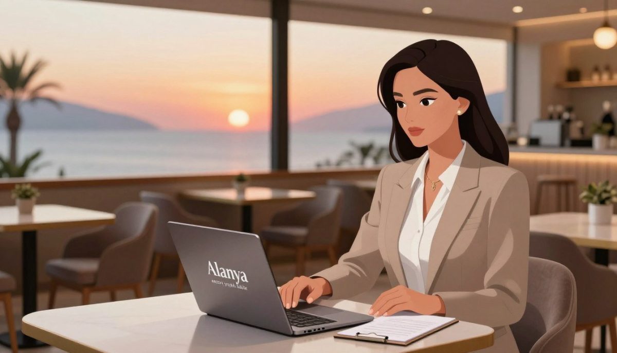 A sophisticated illustration depicting an elegant business setting for a professional escort service titled "Alanya escort yüksek kalite". In the foreground, a well-dressed businesswoman in smart casual attire, showcasing confidence and professionalism. She is seated at a modern table with a laptop and a notepad, indicating a service evaluation meeting. The middle ground features a stylish café interior with warm lighting, tastefully decorated, and a view of Alanya’s beautiful coast through a large window. The background captures a serene sunset, casting soft orange and pink hues across the sky. The overall mood conveys a sense of professionalism, comfort, and high-quality service. Focus on clarity, depth, and visual appeal with a slight bokeh effect to emphasize the subject.