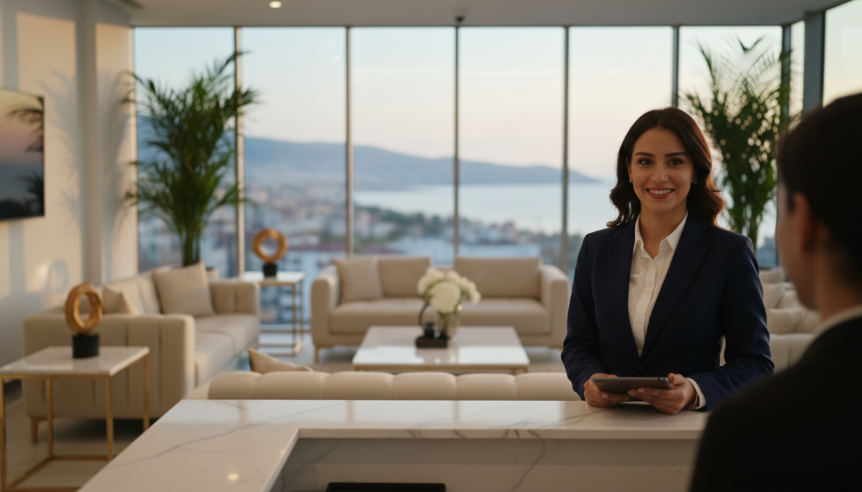 A sophisticated interior scene of a modern Alanya escort agency, showcasing a clean, elegant reception area. In the foreground, a stylish, well-dressed female receptionist smiles warmly, dressed in professional business attire. In the middle, tasteful decor with plush seating and decorative plants creates an inviting atmosphere. The background features large windows revealing a beautiful view of Alanya’s coastline, bathed in soft, golden evening light, enhancing the warmth of the scene. The overall mood is professional yet welcoming, emphasizing a balance of quality and affordability. Use a shallow depth of field to focus on the receptionist while gently blurring the inviting surroundings, capturing a sense of comfort and professionalism in the Alanya escort experience.