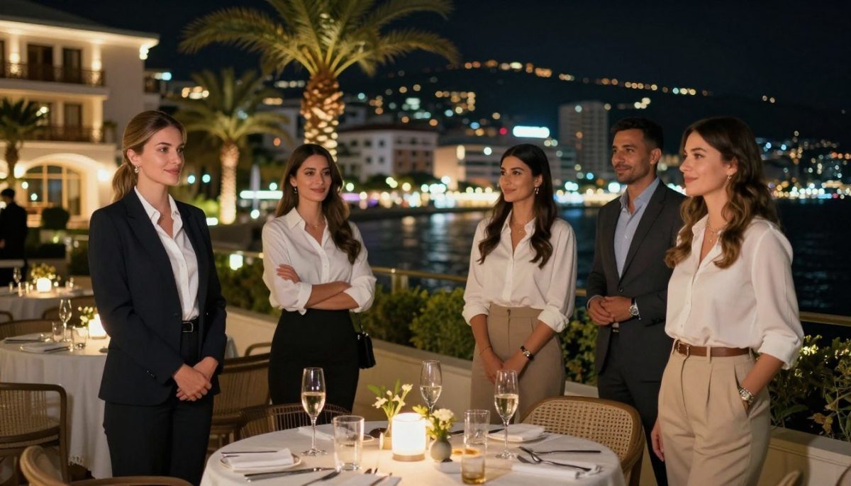 A sophisticated nighttime scene in Alanya, showcasing elegant escorts in professional business attire and modest casual clothing. They stand confidently in an upscale outdoor setting, perhaps near a luxurious hotel or along a beautifully lit promenade. The foreground features a stylish table with champagne glasses and tasteful decorations, while the middle captures the escorts engaging socially, displaying a warm and inviting atmosphere. The background includes illuminated palm trees and the twinkling lights of city buildings, contributing to the vibrant nightlife. The scene should be captured with a soft focus, using warm lighting to evoke a sense of comfort and sophistication, reflecting the essence of "Alanya escort premium konfor." A sophisticated nighttime scene in Alanya, showcasing elegant escorts in professional business attire and modest casual clothing. They stand confidently in an upscale outdoor setting, perhaps near a luxurious hotel or along a beautifully lit promenade. The foreground features a stylish table with champagne glasses and tasteful decorations, while the middle captures the escorts engaging socially, displaying a warm and inviting atmosphere. The background includes illuminated palm trees and the twinkling lights of city buildings, contributing to the vibrant nightlife. The scene should be captured with a soft focus, using warm lighting to evoke a sense of comfort and sophistication, reflecting the essence of "Alanya escort premium konfor."