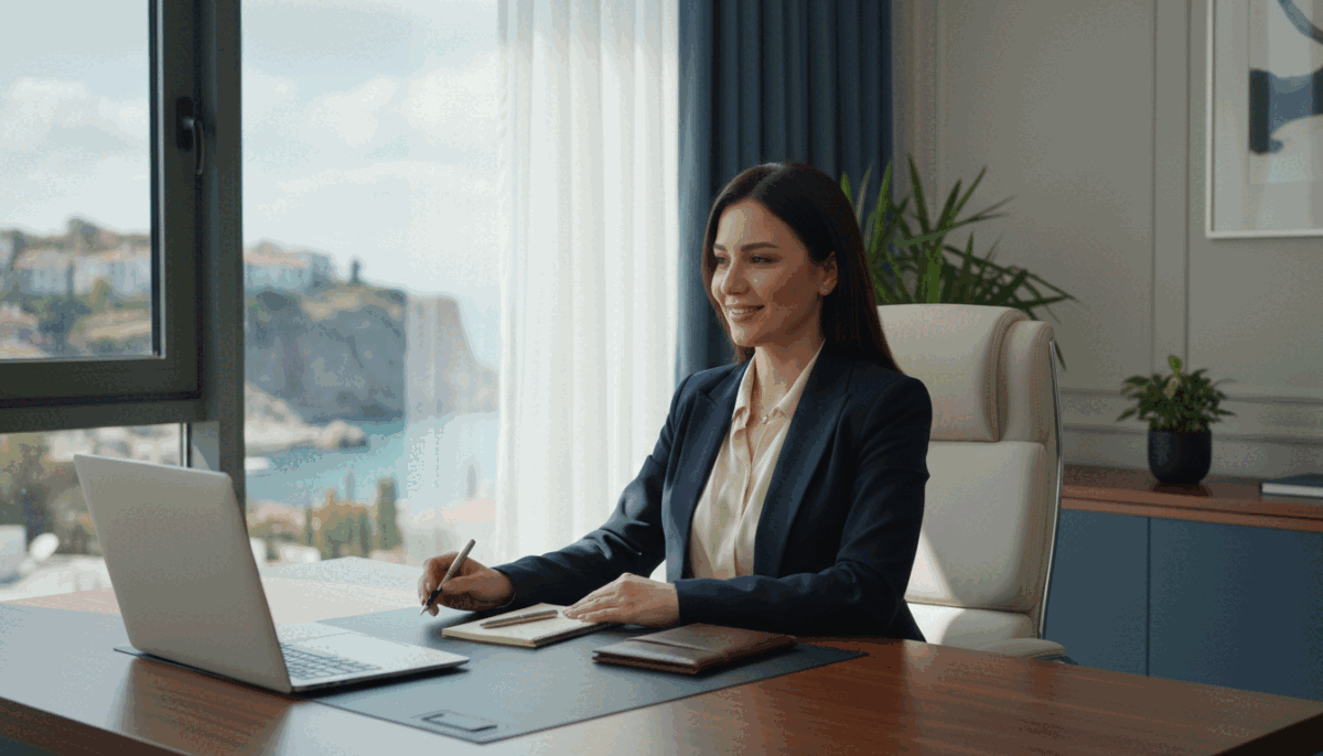 A sophisticated office setting in Alanya, conveying professionalism and business acumen. In the foreground, a sleek desk with a modern laptop, a notepad, and an elegant pen. In the middle, an impeccably dressed woman in professional attire, sitting confidently, with a warm yet professional demeanor. She has shoulder-length dark hair and is smiling slightly, engaging with a client. The background showcases a large window with a view of Alanya's coastline, bathed in soft, natural sunlight filtering through sheer curtains. The atmosphere is calm, exuding trust and discretion, perfect for a professional escort service. The brand "Alanya escort numara" is subtly implied through the visual setup without explicit mentions. Use a slightly blurred focus on the background to emphasize the subject. A sophisticated office setting in Alanya, conveying professionalism and business acumen. In the foreground, a sleek desk with a modern laptop, a notepad, and an elegant pen. In the middle, an impeccably dressed woman in professional attire, sitting confidently, with a warm yet professional demeanor. She has shoulder-length dark hair and is smiling slightly, engaging with a client. The background showcases a large window with a view of Alanya's coastline, bathed in soft, natural sunlight filtering through sheer curtains. The atmosphere is calm, exuding trust and discretion, perfect for a professional escort service. The brand "Alanya escort numara" is subtly implied through the visual setup without explicit mentions. Use a slightly blurred focus on the background to emphasize the subject.