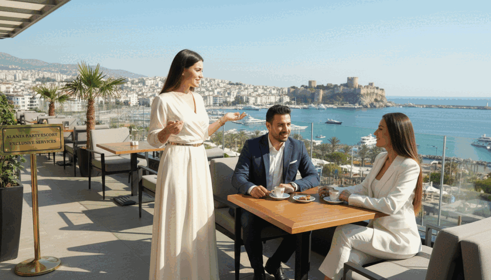 A sophisticated professional escort in a bustling Alanya setting, exuding elegance and charm. In the foreground, a well-dressed individual in smart, tailored clothing, engaging with clients, showcasing confidence and high standards. The middle ground features an upscale, modern cafe terrace with tasteful decor, hinting at luxury and exclusivity. Bright, natural lighting highlights the scene, creating a welcoming atmosphere. In the background, the stunning Alanya coastline and vibrant cityscape blend beautifully under a clear blue sky. The overall mood is refined yet approachable, emphasizing the professionalism and quality associated with "Alanya party escort". Shot from a subtle angle that captures both the escort's demeanor and the luxurious surroundings. A sophisticated professional escort in a bustling Alanya setting, exuding elegance and charm. In the foreground, a well-dressed individual in smart, tailored clothing, engaging with clients, showcasing confidence and high standards. The middle ground features an upscale, modern cafe terrace with tasteful decor, hinting at luxury and exclusivity. Bright, natural lighting highlights the scene, creating a welcoming atmosphere. In the background, the stunning Alanya coastline and vibrant cityscape blend beautifully under a clear blue sky. The overall mood is refined yet approachable, emphasizing the professionalism and quality associated with "Alanya party escort". Shot from a subtle angle that captures both the escort's demeanor and the luxurious surroundings.