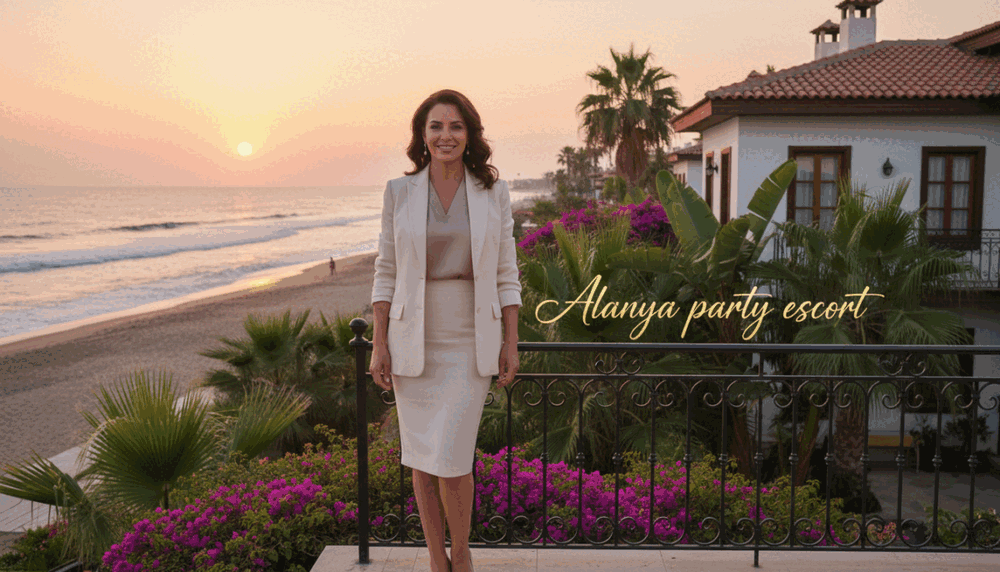 A sophisticated professional escort service scene set in Mahmutlar, showcasing an elegant woman dressed in a stylish, modest business outfit, exuding confidence and warmth. In the foreground, she stands with a friendly smile, her posture inviting and approachable. The middle ground features elegant Mediterranean architecture and lush tropical plants, highlighting the beauty of Mahmutlar. In the background, a serene beach with soft waves lapping at the shore, under a golden sunset that casts a warm glow over the scene. The lighting is soft and inviting, with a focus on natural dusk light. The atmosphere is calm and professional, evoking a sense of luxury and beauty. Include a subtle branding element, "Alanya party escort," blending harmoniously into the scene without overwhelming the composition.