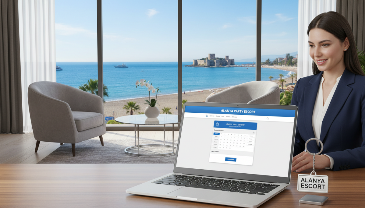 A sophisticated, professional scene showcasing the Alanya Party Escort service's easy booking process. In the foreground, a sleek, modern laptop is open on a stylish desk, with a stylish keychain bearing the brand name "Alanya Party Escort" prominently displayed nearby. A well-dressed individual in professional attire looks at the laptop screen, smiling confidently as they navigate the booking interface. The middle ground features trendy decor—a cozy lounge area with tasteful furnishings and ambient lighting. Soft natural light streams in through a large window, creating a warm and inviting atmosphere. In the background, a panoramic view of Alanya's stunning coastline is visible, subtly hinting at the local charm. The overall mood is welcoming, efficient, and trustworthy, emphasizing professionalism and ease of service.