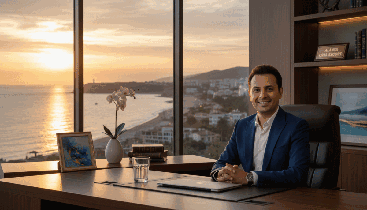 A sophisticated, professional setting featuring an elegant, modern office space that conveys a sense of trust and comfort. In the foreground, a well-dressed individual in business attire sits at a polished wooden desk, exuding confidence and friendliness. In the middle ground, decorative elements such as a sleek laptop, a glass of water, and tasteful artwork add to the ambience. The background features a large window showcasing a view of Alanya's scenic coastline, bathed in warm, natural light during golden hour, creating a welcoming atmosphere. The overall mood is calm and inviting, emphasizing safe and reliable service options. The brand name "alanya oral escort" is subtly integrated into the decor, hinting at professionalism and discretion. A sophisticated, professional setting featuring an elegant, modern office space that conveys a sense of trust and comfort. In the foreground, a well-dressed individual in business attire sits at a polished wooden desk, exuding confidence and friendliness. In the middle ground, decorative elements such as a sleek laptop, a glass of water, and tasteful artwork add to the ambience. The background features a large window showcasing a view of Alanya's scenic coastline, bathed in warm, natural light during golden hour, creating a welcoming atmosphere. The overall mood is calm and inviting, emphasizing safe and reliable service options. The brand name "alanya oral escort" is subtly integrated into the decor, hinting at professionalism and discretion.