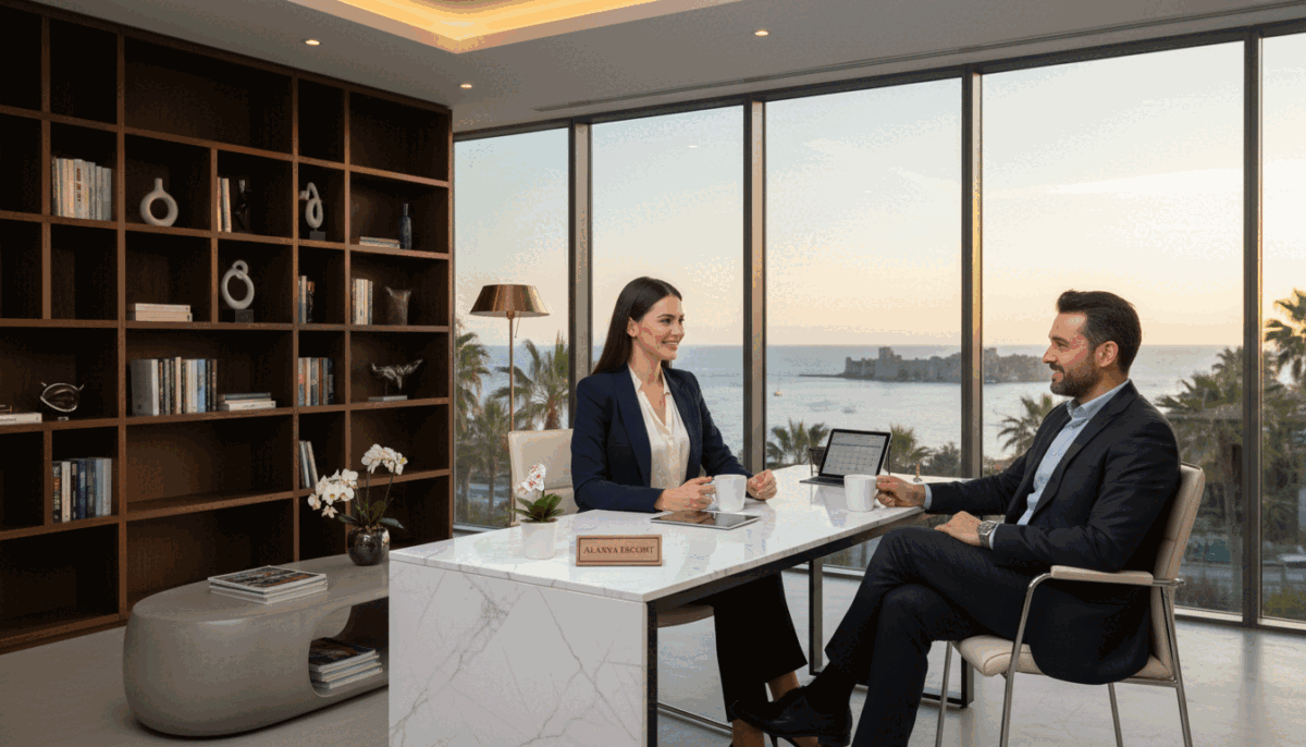 A sophisticated representation of the "Alanya Escort" brand, featuring a stylish, modern office environment. In the foreground, a professional woman dressed in smart business attire is seated at a sleek desk, smiling warmly as she engages with a client. Her surroundings include tasteful decor, with soft lighting that creates an inviting atmosphere. In the middle ground, a well-stocked bookshelf and a contemporary coffee table are visible, suggesting comfort and professionalism. The background features large windows with views of Alanya’s beautiful coastline, bathed in the golden light of sunset, enhancing the mood of luxury and relaxation. The overall composition conveys a sense of safety, trust, and enjoyable experiences, with a focus on professionalism and comfort in client interactions. A sophisticated representation of the "Alanya Escort" brand, featuring a stylish, modern office environment. In the foreground, a professional woman dressed in smart business attire is seated at a sleek desk, smiling warmly as she engages with a client. Her surroundings include tasteful decor, with soft lighting that creates an inviting atmosphere. In the middle ground, a well-stocked bookshelf and a contemporary coffee table are visible, suggesting comfort and professionalism. The background features large windows with views of Alanya’s beautiful coastline, bathed in the golden light of sunset, enhancing the mood of luxury and relaxation. The overall composition conveys a sense of safety, trust, and enjoyable experiences, with a focus on professionalism and comfort in client interactions.
