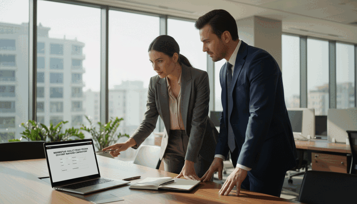 A sophisticated reservation setting reflecting a professional environment. In the foreground, a polished wooden table adorned with a sleek laptop, a notepad, and a stylish pen, symbolizing business efficiency. In the middle ground, two well-dressed individuals—one a businesswoman in a modest, elegant suit and the other a professional man in a formal attire—are engaged in a discussion, gesturing towards the laptop screen, depicting a sense of collaboration. The background features a bright, modern office space with large windows allowing natural light to flood in, creating a warm and inviting atmosphere. The overall mood is focused and professional, emphasizing the theme of reserving services with "mahmutlar analcı yapan escort" while maintaining a Safe For Work concept.