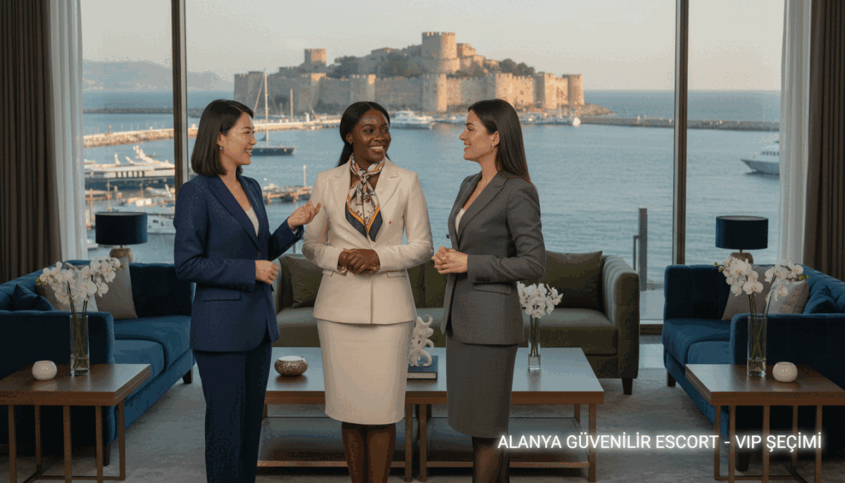 A sophisticated scene depicting a professional, elegant atmosphere in Alanya. In the foreground, a group of three stylish women dressed in business attire, showcasing a diverse range of cultural backgrounds, standing confidently together, smiling and engaging with one another. The middle area features a luxurious lounge setting, with plush seating and tasteful decor, suitable for high-end escort services. The background displays a scenic view of Alanya's picturesque coastline and historic architecture, bathed in warm, golden sunlight, suggesting a welcoming ambiance. The lighting is soft, creating a relaxed yet upscale mood. The image should capture the essence of trust and sophistication associated with "Alanya güvenilir escort", promoting a sense of reliability and professionalism in VIP escort selection. A sophisticated scene depicting a professional, elegant atmosphere in Alanya. In the foreground, a group of three stylish women dressed in business attire, showcasing a diverse range of cultural backgrounds, standing confidently together, smiling and engaging with one another. The middle area features a luxurious lounge setting, with plush seating and tasteful decor, suitable for high-end escort services. The background displays a scenic view of Alanya's picturesque coastline and historic architecture, bathed in warm, golden sunlight, suggesting a welcoming ambiance. The lighting is soft, creating a relaxed yet upscale mood. The image should capture the essence of trust and sophistication associated with "Alanya güvenilir escort", promoting a sense of reliability and professionalism in VIP escort selection.
