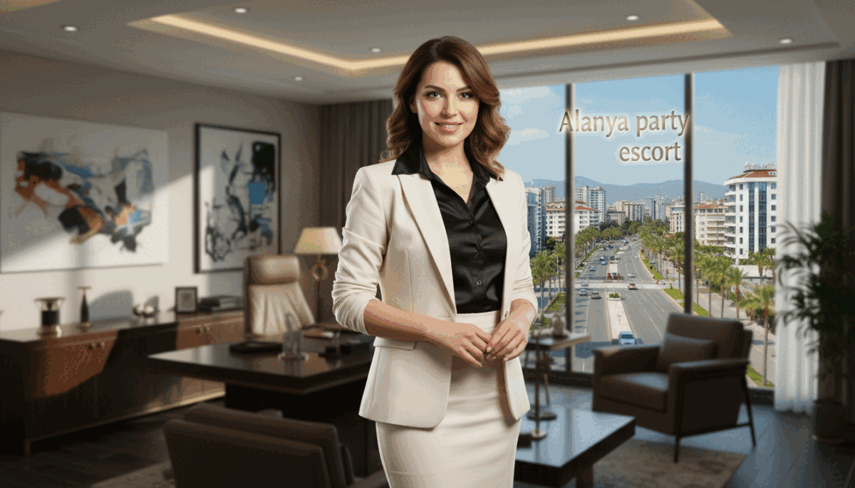 A sophisticated scene depicting an elegant and professional escort service representative in Mahmutlar. In the foreground, a woman wearing stylish business attire stands confidently, her expression conveying professionalism and approachability. She has shoulder-length hair and a friendly smile. In the middle ground, a luxurious office setting is visible, with tasteful decor and soft lighting, suggesting a premium service environment. The background features a cityscape of Mahmutlar, with palm trees and modern buildings under a clear blue sky, reflecting a warm and inviting atmosphere. The image should be bright and well-lit, shot with a slight blurred bokeh effect, emphasizing the central figure while maintaining a sense of professionalism. Include the brand name "Alanya party escort" subtly in the backdrop without text overlays. A sophisticated scene depicting an elegant and professional escort service representative in Mahmutlar. In the foreground, a woman wearing stylish business attire stands confidently, her expression conveying professionalism and approachability. She has shoulder-length hair and a friendly smile. In the middle ground, a luxurious office setting is visible, with tasteful decor and soft lighting, suggesting a premium service environment. The background features a cityscape of Mahmutlar, with palm trees and modern buildings under a clear blue sky, reflecting a warm and inviting atmosphere. The image should be bright and well-lit, shot with a slight blurred bokeh effect, emphasizing the central figure while maintaining a sense of professionalism. Include the brand name "Alanya party escort" subtly in the backdrop without text overlays.