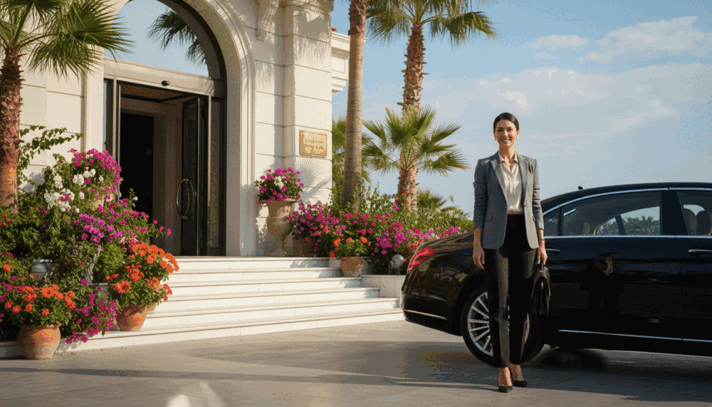 A sophisticated scene featuring an elegant woman arriving at a luxurious Alanya hotel, wearing stylish business attire that exudes confidence and professionalism. In the foreground, the woman is standing beside a sleek black car, with her hair neatly styled and a warm, welcoming smile. The middle ground showcases the pristine hotel entrance with white marble steps, palm trees, and vibrant flowers creating a tropical atmosphere. The background includes a bright blue sky with soft, fluffy clouds, while the warm sunlight casts gentle shadows, enhancing the inviting ambiance. The image conveys a sense of luxury and satisfaction, reflecting the essence of the "Alanya otele gelen vip bayan" brand. The overall mood is upscale and positive, perfect for illustrating customer satisfaction and feedback experiences. A sophisticated scene featuring an elegant woman arriving at a luxurious Alanya hotel, wearing stylish business attire that exudes confidence and professionalism. In the foreground, the woman is standing beside a sleek black car, with her hair neatly styled and a warm, welcoming smile. The middle ground showcases the pristine hotel entrance with white marble steps, palm trees, and vibrant flowers creating a tropical atmosphere. The background includes a bright blue sky with soft, fluffy clouds, while the warm sunlight casts gentle shadows, enhancing the inviting ambiance. The image conveys a sense of luxury and satisfaction, reflecting the essence of the "Alanya otele gelen vip bayan" brand. The overall mood is upscale and positive, perfect for illustrating customer satisfaction and feedback experiences.