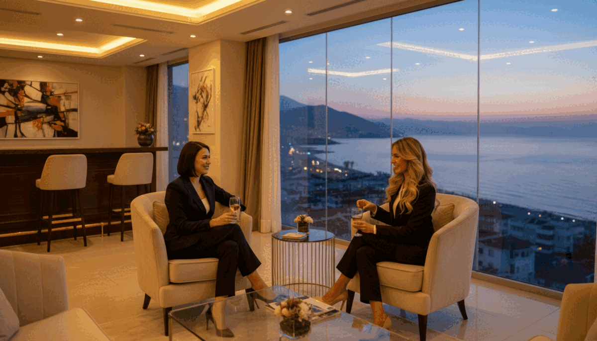A sophisticated scene featuring elegant women in professional business attire, embodying the essence of "alanya mahmutlar escort." In the foreground, a welcoming and stylish lounge area with plush seating, where two well-dressed women engage in friendly conversation, exuding confidence and charm. The middle ground showcases tasteful decor with subtle lighting that enhances the ambiance, casting warm tones across the space. In the background, a serene view of Alanya Mahmutlar's scenic coastline is visible through large, panoramic windows, adding a tranquil element to the atmosphere. The lighting is softly diffused, creating a warm and inviting mood, perfect for establishing connections. Depth of field focuses on the subjects while the overall scene feels refined and engaging, ideal for illustrating the composed experience with exceptional companionship. A sophisticated scene featuring elegant women in professional business attire, embodying the essence of "alanya mahmutlar escort." In the foreground, a welcoming and stylish lounge area with plush seating, where two well-dressed women engage in friendly conversation, exuding confidence and charm. The middle ground showcases tasteful decor with subtle lighting that enhances the ambiance, casting warm tones across the space. In the background, a serene view of Alanya Mahmutlar's scenic coastline is visible through large, panoramic windows, adding a tranquil element to the atmosphere. The lighting is softly diffused, creating a warm and inviting mood, perfect for establishing connections. Depth of field focuses on the subjects while the overall scene feels refined and engaging, ideal for illustrating the composed experience with exceptional companionship.