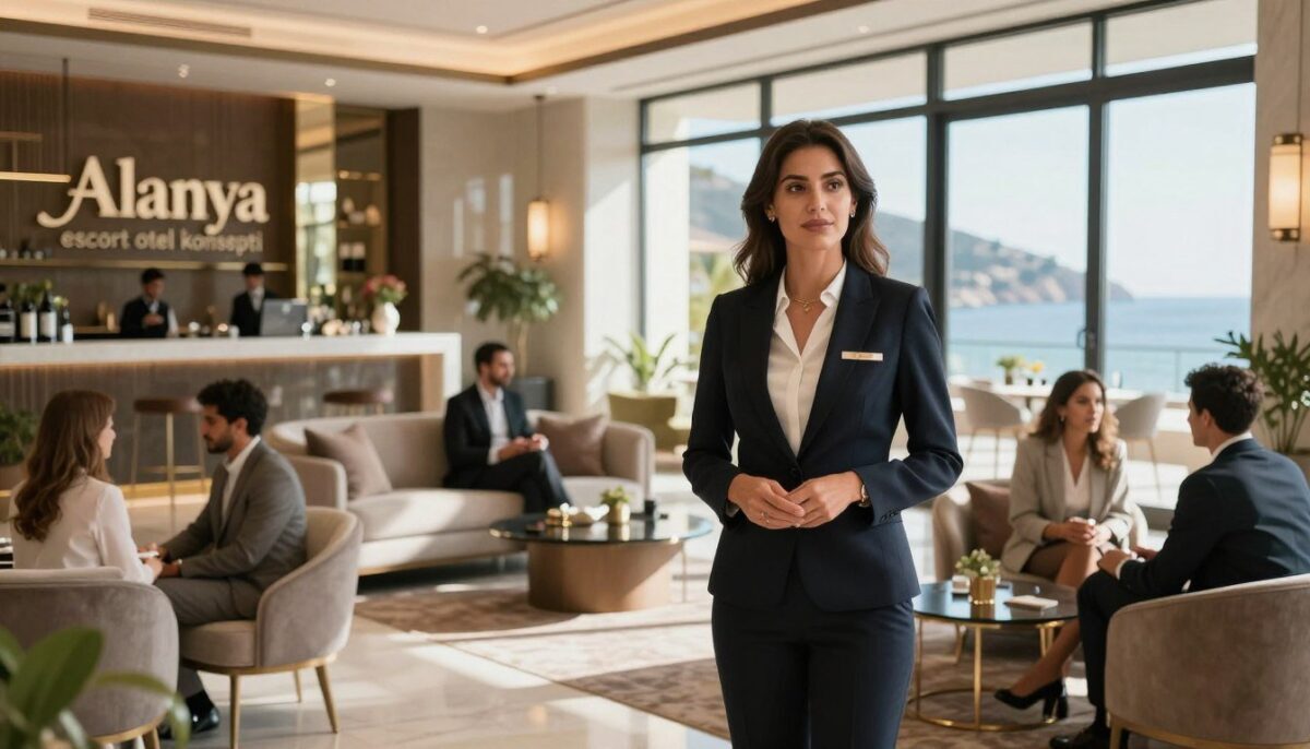 A sophisticated scene illustrating the luxurious ambiance of "Alanya escort otel konsepti." In the foreground, a well-dressed woman in elegant business attire confidently engages with guests, exuding professionalism and poise. The middle ground features an upscale hotel lobby with modern furnishings and tasteful decor, showcasing a blend of comfort and luxury. The background captures a view of Alanya’s stunning coastal scenery through large glass windows, bathing the space in natural sunlight. Soft lighting enhances the inviting atmosphere, with gentle shadows creating depth. The mood is one of sophistication and elegance, reflecting Alanya's premium escort services. The overall composition should convey a sense of exclusivity, professionalism, and comfort. No text or logos present in the image. A sophisticated scene illustrating the luxurious ambiance of "Alanya escort otel konsepti." In the foreground, a well-dressed woman in elegant business attire confidently engages with guests, exuding professionalism and poise. The middle ground features an upscale hotel lobby with modern furnishings and tasteful decor, showcasing a blend of comfort and luxury. The background captures a view of Alanya’s stunning coastal scenery through large glass windows, bathing the space in natural sunlight. Soft lighting enhances the inviting atmosphere, with gentle shadows creating depth. The mood is one of sophistication and elegance, reflecting Alanya's premium escort services. The overall composition should convey a sense of exclusivity, professionalism, and comfort. No text or logos present in the image.