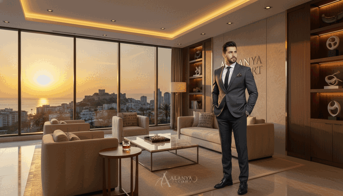 A sophisticated scene showcasing a luxurious Alanya escort experience. In the foreground, a well-dressed individual in a stylish business suit, exuding confidence and professionalism. In the middle ground, a modern, chic lounge area with elegant furniture and tasteful decor, subtly illuminated with warm, ambient lighting. A large window reveals a breathtaking view of Alanya’s coastal skyline at sunset, casting a golden glow. The atmosphere is inviting and upscale, suggesting a high-quality escort service. The brand name "alanya escort" is subtly integrated into the decor without being overt. Use a wide-angle lens to capture the depth of the setting, emphasizing the luxurious ambiance, while keeping the focus on the individual and the surroundings.