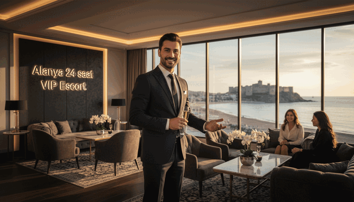 A sophisticated scene showcasing an elegant luxury lounge in Alanya, reflecting the elite services of "Alanya 24 saat vip escort". In the foreground, a professionally dressed, charismatic individual stands confidently, embodying charm and sophistication, engaging with guests. The middle ground features plush furnishings and ambient lighting, creating an inviting and upscale atmosphere. In the background, large windows offer a glimpse of Alanya's stunning coastal view, bathed in warm, golden sunlight, adding to the serene vibe. The image captures a sense of exclusivity and comfort, promoting a unique escort experience. The lighting is soft yet vibrant, enhancing the luxurious mood and emphasizing the opulence of the setting. Focused on conveying elegance and warmth, the composition invites the viewer into a world of refined service and comfort.