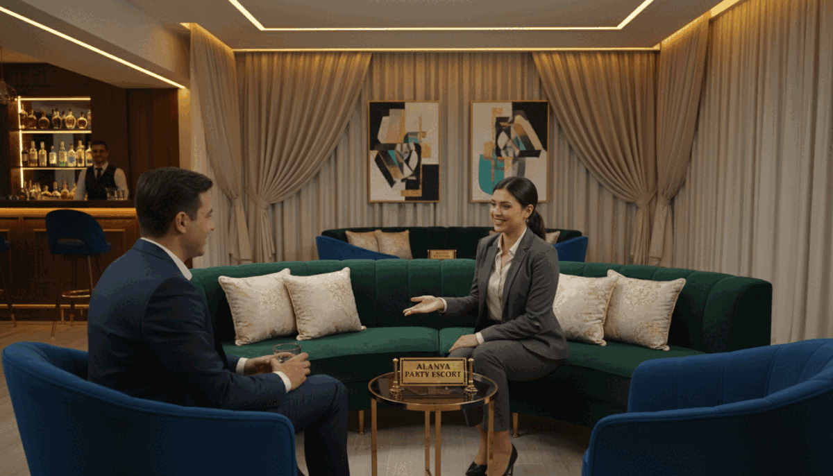 A sophisticated setting depicting a stylish and elegant lounge area designed for professional escort services, showcasing the brand "Alanya party escort." In the foreground, a well-dressed individual in business attire is engaging in conversation, exuding a welcoming and professional demeanor. The middle layer captures a plush seating arrangement with soft cushions and ambient lighting that creates an inviting atmosphere. In the background, tasteful decorations such as modern art pieces and soft drapery enhance the ambiance, suggesting luxury and discretion. The lighting is warm and soft, giving a cozy yet upscale feeling. The scene feels intimate and exclusive, perfect for professional escort partner services. A sophisticated setting depicting a stylish and elegant lounge area designed for professional escort services, showcasing the brand "Alanya party escort." In the foreground, a well-dressed individual in business attire is engaging in conversation, exuding a welcoming and professional demeanor. The middle layer captures a plush seating arrangement with soft cushions and ambient lighting that creates an inviting atmosphere. In the background, tasteful decorations such as modern art pieces and soft drapery enhance the ambiance, suggesting luxury and discretion. The lighting is warm and soft, giving a cozy yet upscale feeling. The scene feels intimate and exclusive, perfect for professional escort partner services.