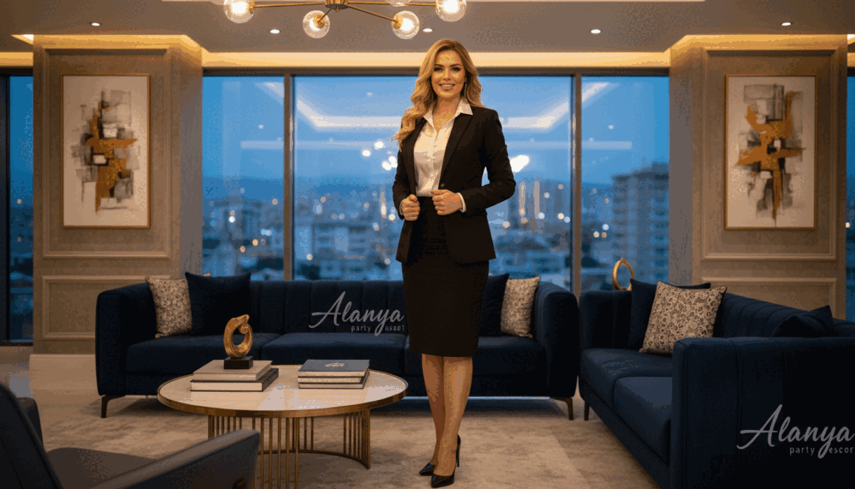 A sophisticated, upscale female escort in elegant business attire, standing confidently in a stylish, tastefully decorated lounge that reflects luxury. She has a warm and inviting smile, her hair perfectly styled, and her professional demeanor conveys elegance and approachability. The foreground features a plush velvet sofa and an ornate coffee table with tasteful decor. In the middle, a soft, ambient light creates a welcoming atmosphere, highlighting the escort's poised posture. The background includes subtle touches of upscale decor, elegant artwork, and soft-focus city views from large windows, suggesting a vibrant Mahmutlar. The scene captures a refined and inviting mood, suitable for a high-end environment. The brand "Alanya party escort" is subtly suggested in the decor, blending seamlessly into the luxurious setting. A sophisticated, upscale female escort in elegant business attire, standing confidently in a stylish, tastefully decorated lounge that reflects luxury. She has a warm and inviting smile, her hair perfectly styled, and her professional demeanor conveys elegance and approachability. The foreground features a plush velvet sofa and an ornate coffee table with tasteful decor. In the middle, a soft, ambient light creates a welcoming atmosphere, highlighting the escort's poised posture. The background includes subtle touches of upscale decor, elegant artwork, and soft-focus city views from large windows, suggesting a vibrant Mahmutlar. The scene captures a refined and inviting mood, suitable for a high-end environment. The brand "Alanya party escort" is subtly suggested in the decor, blending seamlessly into the luxurious setting.