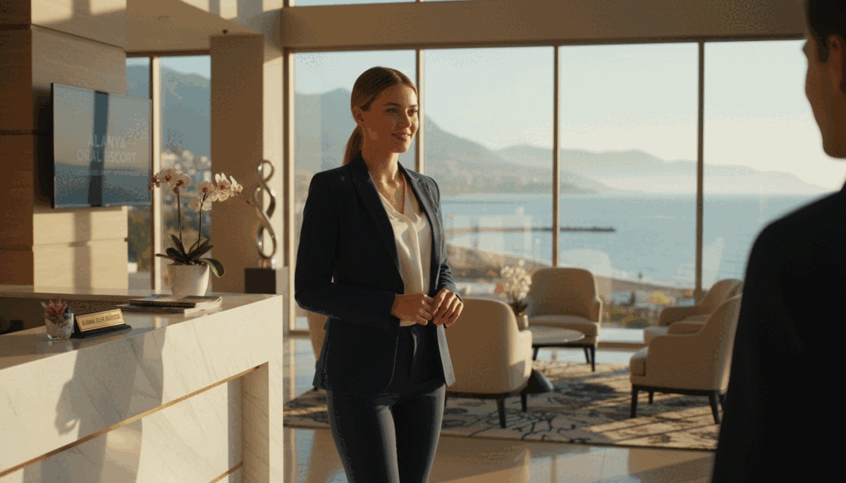 A sophisticated, young woman in professional business attire stands confidently in an upscale, modern hotel lobby in Alanya. She has an inviting smile, exuding professionalism and warmth. In the foreground, a stylish reception area is adorned with elegant furnishings and tasteful decor. The middle ground features a large window showcasing the beautiful Alanya coastline, with soft morning light casting a warm glow. The atmosphere is luxurious and welcoming, suggesting a high-end service experience. The focus is on the woman's approachable demeanor as she interacts with an unseen client. The image captures the essence of "Alanya Oral Escort," highlighting safety and professionalism in the escort selection process. Lens focused on capturing clear details and warm tones. A sophisticated, young woman in professional business attire stands confidently in an upscale, modern hotel lobby in Alanya. She has an inviting smile, exuding professionalism and warmth. In the foreground, a stylish reception area is adorned with elegant furnishings and tasteful decor. The middle ground features a large window showcasing the beautiful Alanya coastline, with soft morning light casting a warm glow. The atmosphere is luxurious and welcoming, suggesting a high-end service experience. The focus is on the woman's approachable demeanor as she interacts with an unseen client. The image captures the essence of "Alanya Oral Escort," highlighting safety and professionalism in the escort selection process. Lens focused on capturing clear details and warm tones.
