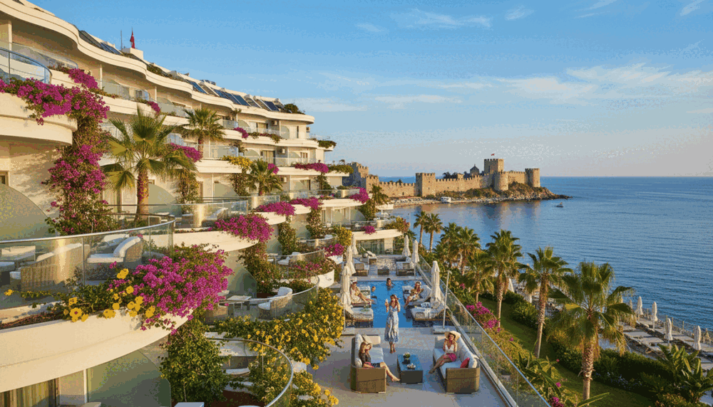 A stunning coastal view of Alanya, capturing a luxurious hotel with modern architecture in the foreground. The hotel features elegant balconies overlooking the turquoise sea, surrounded by lush greenery and vibrant flowers. In the middle ground, include well-dressed guests enjoying the warm sun on the terrace, mingling and relaxing in a sophisticated atmosphere. In the background, depict the iconic Alanya Castle perched on a hillside against a bright blue sky with a few wispy clouds. Soft, golden sunlight bathes the scene, enhancing the inviting ambiance of a perfect getaway. The composition should convey relaxation and luxury, reflecting the essence of "Alanya otele gelen vip bayan". A stunning coastal view of Alanya, capturing a luxurious hotel with modern architecture in the foreground. The hotel features elegant balconies overlooking the turquoise sea, surrounded by lush greenery and vibrant flowers. In the middle ground, include well-dressed guests enjoying the warm sun on the terrace, mingling and relaxing in a sophisticated atmosphere. In the background, depict the iconic Alanya Castle perched on a hillside against a bright blue sky with a few wispy clouds. Soft, golden sunlight bathes the scene, enhancing the inviting ambiance of a perfect getaway. The composition should convey relaxation and luxury, reflecting the essence of "Alanya otele gelen vip bayan".