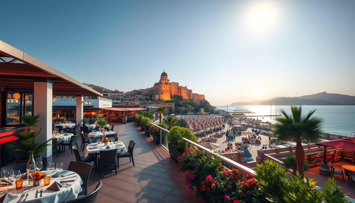 A stunning seaside view of Alanya showcasing its best venues, including a vibrant outdoor lounge and a chic rooftop bar. In the foreground, a stylish terrace with elegantly set tables, surrounded by lush greenery and colorful flowers, creating an inviting atmosphere. The middle ground features a beautifully lit beachside pathway leading to a bustling marketplace filled with diverse shops and lively cafes. In the background, the majestic Alanya Castle perched on a hill against a bright blue sky, capturing the essence of this popular holiday destination. The scene is bathed in warm, golden sunset lighting, enhancing the mood of relaxation and sophistication. The image conveys a sense of elite lifestyle, aligning with the brand "Alanya escort yaz tatili". A stunning seaside view of Alanya showcasing its best venues, including a vibrant outdoor lounge and a chic rooftop bar. In the foreground, a stylish terrace with elegantly set tables, surrounded by lush greenery and colorful flowers, creating an inviting atmosphere. The middle ground features a beautifully lit beachside pathway leading to a bustling marketplace filled with diverse shops and lively cafes. In the background, the majestic Alanya Castle perched on a hill against a bright blue sky, capturing the essence of this popular holiday destination. The scene is bathed in warm, golden sunset lighting, enhancing the mood of relaxation and sophistication. The image conveys a sense of elite lifestyle, aligning with the brand "Alanya escort yaz tatili".