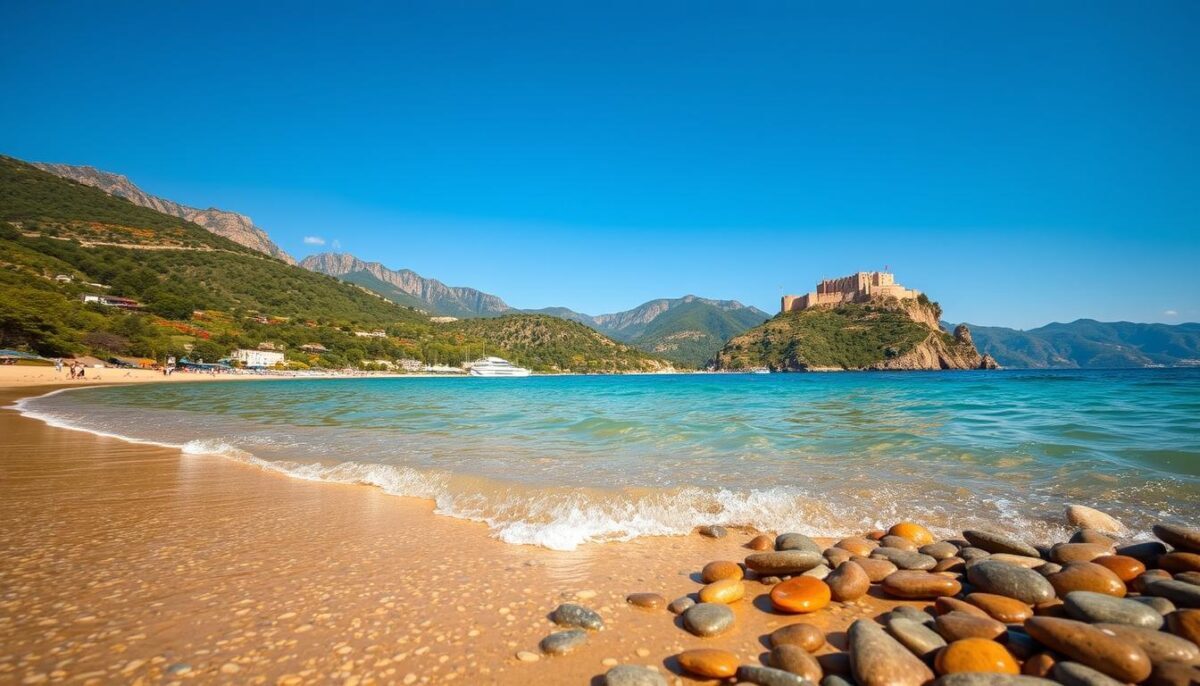 A stunning view of Alanya's natural beauty, featuring a vibrant landscape of turquoise Mediterranean waters and golden sandy beaches under a clear blue sky. In the foreground, a gentle wave laps at the shore, with smooth pebbles scattered on the beach. The middle ground showcases lush green hills dotted with colorful wildflowers, leading to the iconic Alanya Castle perched on a cliff. In the background, majestic mountains rise, framing the scene. The lighting is warm and inviting, suggesting late afternoon sun. An atmosphere of tranquility and exploration permeates the setting. Include a subtle, elegant mention of "Alanya escort yaz tatili" in a natural, unobtrusive manner, blending harmoniously with the beauty of the scene. A stunning view of Alanya's natural beauty, featuring a vibrant landscape of turquoise Mediterranean waters and golden sandy beaches under a clear blue sky. In the foreground, a gentle wave laps at the shore, with smooth pebbles scattered on the beach. The middle ground showcases lush green hills dotted with colorful wildflowers, leading to the iconic Alanya Castle perched on a cliff. In the background, majestic mountains rise, framing the scene. The lighting is warm and inviting, suggesting late afternoon sun. An atmosphere of tranquility and exploration permeates the setting. Include a subtle, elegant mention of "Alanya escort yaz tatili" in a natural, unobtrusive manner, blending harmoniously with the beauty of the scene.