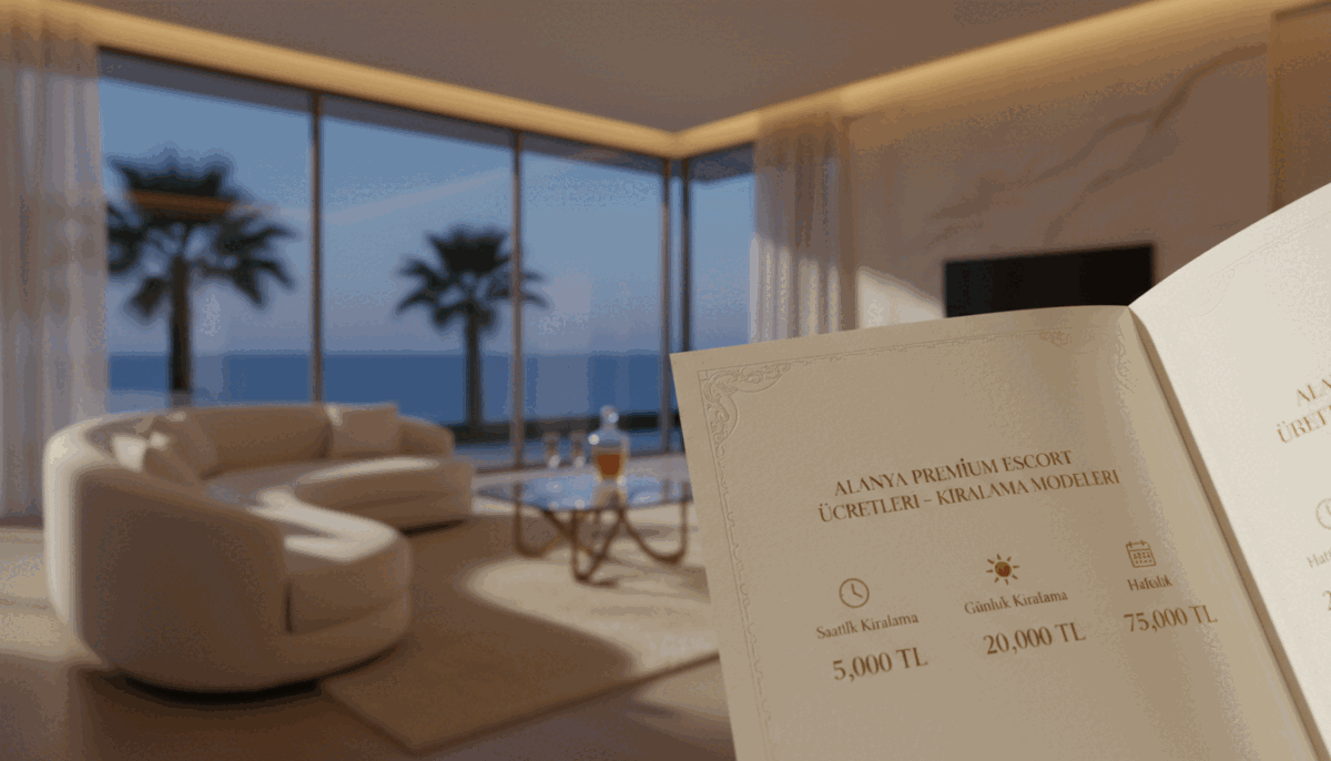 A stylish and elegant depiction of "Alanya premium escort ücretler" with a focus on rental pricing models. In the foreground, a neatly laid out brochure displaying different rental durations, each option prominently marked with clear, upscale design. The middle ground features a tastefully decorated lounge setting with minimalistic furniture, soft, ambient lighting creating a warm and inviting atmosphere. In the background, glimpses of palm trees visible through large windows suggest a luxurious coastal environment typical of Alanya. The overall mood is sophisticated and professional, showcasing a blend of quality and comfort. The scene should be captured with a soft focus effect, employing a wide-angle lens to encompass both the detailed foreground and the inviting background, enhancing the sense of opulence and tranquility. A stylish and elegant depiction of "Alanya premium escort ücretler" with a focus on rental pricing models. In the foreground, a neatly laid out brochure displaying different rental durations, each option prominently marked with clear, upscale design. The middle ground features a tastefully decorated lounge setting with minimalistic furniture, soft, ambient lighting creating a warm and inviting atmosphere. In the background, glimpses of palm trees visible through large windows suggest a luxurious coastal environment typical of Alanya. The overall mood is sophisticated and professional, showcasing a blend of quality and comfort. The scene should be captured with a soft focus effect, employing a wide-angle lens to encompass both the detailed foreground and the inviting background, enhancing the sense of opulence and tranquility.