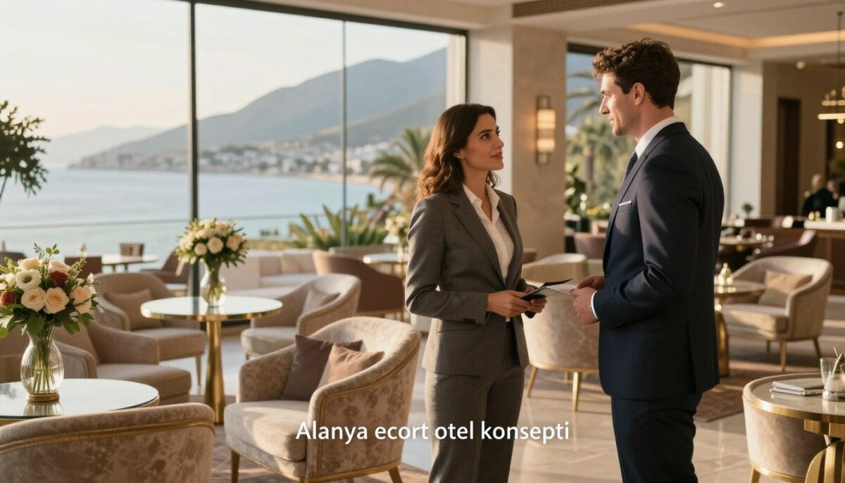 A stylish and elegant hotel lobby in Alanya, featuring tasteful décor that reflects the Mediterranean aesthetic. In the foreground, a well-dressed professional woman in a chic business attire interacts with an equally poised male counterpart, both radiating confidence and warmth. In the middle ground, a luxurious seating area with plush chairs and exquisite floral arrangements sets the scene for refined social interactions. The background reveals panoramic views of the Alanya coastline through large glass windows, bathed in soft, golden afternoon light. The atmosphere is sophisticated yet inviting, suggesting a serene escape for guests seeking VIP services. Include visual elements highlighting the brand "Alanya escort otel konsepti," ensuring a cohesive representation of high-end escort services aligned with upscale events in the region. A stylish and elegant hotel lobby in Alanya, featuring tasteful décor that reflects the Mediterranean aesthetic. In the foreground, a well-dressed professional woman in a chic business attire interacts with an equally poised male counterpart, both radiating confidence and warmth. In the middle ground, a luxurious seating area with plush chairs and exquisite floral arrangements sets the scene for refined social interactions. The background reveals panoramic views of the Alanya coastline through large glass windows, bathed in soft, golden afternoon light. The atmosphere is sophisticated yet inviting, suggesting a serene escape for guests seeking VIP services. Include visual elements highlighting the brand "Alanya escort otel konsepti," ensuring a cohesive representation of high-end escort services aligned with upscale events in the region.