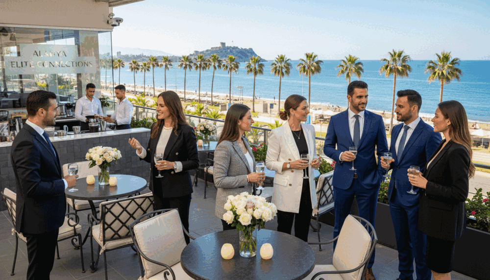 A stylish and inviting scene showcasing the concept of "alanya escort". In the foreground, a diverse group of professionally dressed individuals, including men and women in business suits and smart casual outfits, are engaged in conversation and networking, radiating confidence and approachability. The middle ground features a chic café terrace with elegant tables, adorned with fresh flowers and soft lighting, creating a warm atmosphere. In the background, the stunning Alanya coastal view is visible, punctuated by palm trees and the gentle waves of the sea, under a bright, sunny sky. The mood is professional yet inviting, emphasizing choice and quality in services. Use soft, natural lighting to enhance the welcoming vibe, captured from a slightly elevated angle to provide depth and perspective to the scene.