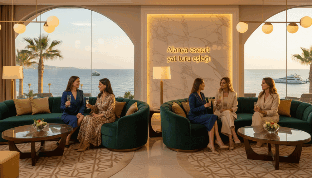A stylish and inviting setting in Alanya, showcasing a professional ambiance related to escort services. In the foreground, a group of diverse women dressed in elegant business attire and modest casual outfits, engaged in a friendly conversation. The middle ground features a luxurious lounge area filled with tasteful decor, such as plush seating and soft lighting, creating a warm atmosphere. In the background, a glimpse of the Mediterranean Sea and scenic shoreline can be seen, enhancing the location's charm. The scene is illuminated by soft, golden hour lighting, imparting a relaxed vibe. The brand "Alanya escort yat turu eşliği" subtly incorporated into the design elements of the lounge, highlighting professionalism and sophistication. A stylish and inviting setting in Alanya, showcasing a professional ambiance related to escort services. In the foreground, a group of diverse women dressed in elegant business attire and modest casual outfits, engaged in a friendly conversation. The middle ground features a luxurious lounge area filled with tasteful decor, such as plush seating and soft lighting, creating a warm atmosphere. In the background, a glimpse of the Mediterranean Sea and scenic shoreline can be seen, enhancing the location's charm. The scene is illuminated by soft, golden hour lighting, imparting a relaxed vibe. The brand "Alanya escort yat turu eşliği" subtly incorporated into the design elements of the lounge, highlighting professionalism and sophistication.