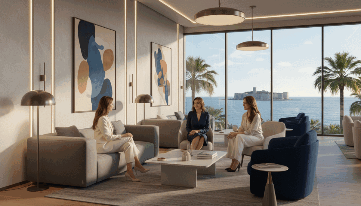 A stylish and modern business lounge set in Alanya, featuring a diverse group of elegantly dressed professional women engaged in light conversation. The foreground shows three women in chic business attire, exuding confidence and poise, while surrounded by contemporary furniture and subtle decorative elements. The middle section captures tasteful abstract art on the walls, adding a sophisticated touch. In the background, large windows overlook a scenic view of Alanya's coastline, with clear blue skies and palm trees swaying gently in the breeze. Soft, warm lighting complements the inviting atmosphere, emphasizing professionalism and elegance. The overall mood is sophisticated and approachable, reflecting the essence of "alanya oral escort." A stylish and modern business lounge set in Alanya, featuring a diverse group of elegantly dressed professional women engaged in light conversation. The foreground shows three women in chic business attire, exuding confidence and poise, while surrounded by contemporary furniture and subtle decorative elements. The middle section captures tasteful abstract art on the walls, adding a sophisticated touch. In the background, large windows overlook a scenic view of Alanya's coastline, with clear blue skies and palm trees swaying gently in the breeze. Soft, warm lighting complements the inviting atmosphere, emphasizing professionalism and elegance. The overall mood is sophisticated and approachable, reflecting the essence of "alanya oral escort."