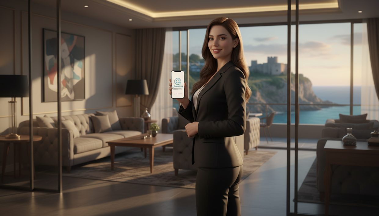 A stylish and modern representation of a professional escort service in Alanya. In the foreground, a welcoming and elegant businesswoman dressed in a sleek, modest outfit stands confidently, holding a smartphone displaying contact information for "alanya escort". In the middle, a luxurious and well-decorated lounge area reflects comfort and sophistication, with tasteful decor and ambient lighting creating an inviting atmosphere. The background shows views of Alanya’s beautiful coastline, subtly blended to enhance the location vibe. The lighting is warm and soft, casting gentle shadows. The overall mood is refined and professional, emphasizing personalized service in a classy environment. The image does not contain any text, overlays, or watermarks.