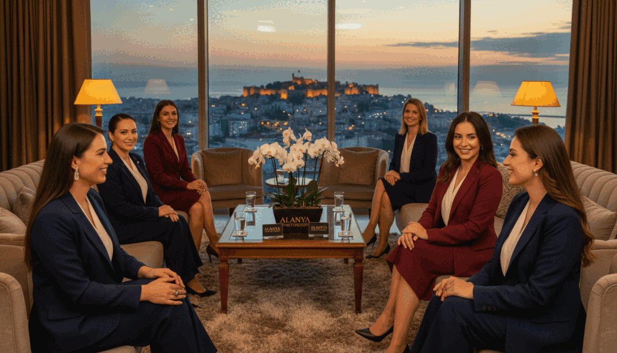 A stylish and professional group of diverse women representing "Alanya party escort", dressed in elegant business attire, exuding confidence and charm. The foreground features two women engaged in a friendly conversation, showcasing their approachable demeanor. In the middle, a well-furnished, sophisticated lounge is set up for client meetings, adorned with tasteful decor and soft lighting creating an inviting atmosphere. The background presents a cityscape of Alanya at dusk, with warm lights reflecting the vibrant nightlife. The scene captures a mood of professionalism and customer satisfaction, emphasizing attention to detail and care in service. The image is well-lit, with a soft focus lens effect, ensuring clarity and warmth in every element. A stylish and professional group of diverse women representing "Alanya party escort", dressed in elegant business attire, exuding confidence and charm. The foreground features two women engaged in a friendly conversation, showcasing their approachable demeanor. In the middle, a well-furnished, sophisticated lounge is set up for client meetings, adorned with tasteful decor and soft lighting creating an inviting atmosphere. The background presents a cityscape of Alanya at dusk, with warm lights reflecting the vibrant nightlife. The scene captures a mood of professionalism and customer satisfaction, emphasizing attention to detail and care in service. The image is well-lit, with a soft focus lens effect, ensuring clarity and warmth in every element.