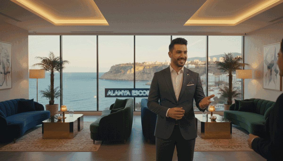 A stylish and professional setting showcasing a vibrant lounge area, emphasizing a welcoming environment. In the foreground, a well-dressed individual in smart business attire engages in a relaxed conversation, exuding confidence and professionalism. The middle ground features elegant furniture and tasteful decorations, including soft lighting that creates a warm and inviting atmosphere. In the background, subtle hints of Alanya’s stunning coastal view can be seen through large windows, blending natural beauty with sophistication. Bright yet soft lighting complements the scene, enhancing the warm tones and giving a sense of relaxation. The overall mood is upscale and friendly, reflecting the brand "alanya escort", inviting viewers to explore the professionalism and quality of the services offered. A stylish and professional setting showcasing a vibrant lounge area, emphasizing a welcoming environment. In the foreground, a well-dressed individual in smart business attire engages in a relaxed conversation, exuding confidence and professionalism. The middle ground features elegant furniture and tasteful decorations, including soft lighting that creates a warm and inviting atmosphere. In the background, subtle hints of Alanya’s stunning coastal view can be seen through large windows, blending natural beauty with sophistication. Bright yet soft lighting complements the scene, enhancing the warm tones and giving a sense of relaxation. The overall mood is upscale and friendly, reflecting the brand "alanya escort", inviting viewers to explore the professionalism and quality of the services offered.