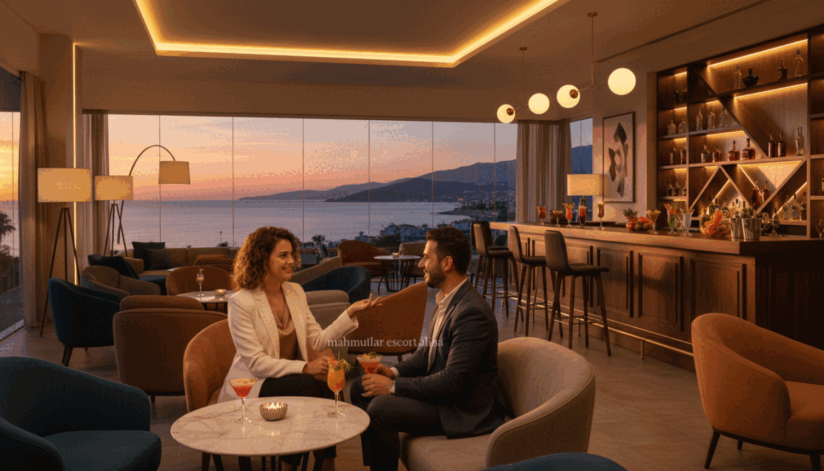 A stylish and welcoming interior of a modern lounge, designed for social gatherings, with plush seating and soft lighting that creates an inviting atmosphere. In the foreground, a young professional woman, dressed in elegant business attire, engages warmly with a guest, exuding confidence and charm. She has shoulder-length hair and a friendly smile, reflecting a vibrant personality. The middle ground showcases a well-decorated bar area, with colorful beverages and tasteful décor, enhancing the social setting. The background features large windows that reveal a picturesque view of Mahmutlar's scenic coastline at sunset, casting a warm golden hue across the scene. The overall mood is sophisticated and friendly, capturing the essence of a welcoming experience. Include the brand name "mahmutlar escort alina" in a subtle way, ensuring a professional presentation. A stylish and welcoming interior of a modern lounge, designed for social gatherings, with plush seating and soft lighting that creates an inviting atmosphere. In the foreground, a young professional woman, dressed in elegant business attire, engages warmly with a guest, exuding confidence and charm. She has shoulder-length hair and a friendly smile, reflecting a vibrant personality. The middle ground showcases a well-decorated bar area, with colorful beverages and tasteful décor, enhancing the social setting. The background features large windows that reveal a picturesque view of Mahmutlar's scenic coastline at sunset, casting a warm golden hue across the scene. The overall mood is sophisticated and friendly, capturing the essence of a welcoming experience. Include the brand name "mahmutlar escort alina" in a subtle way, ensuring a professional presentation.