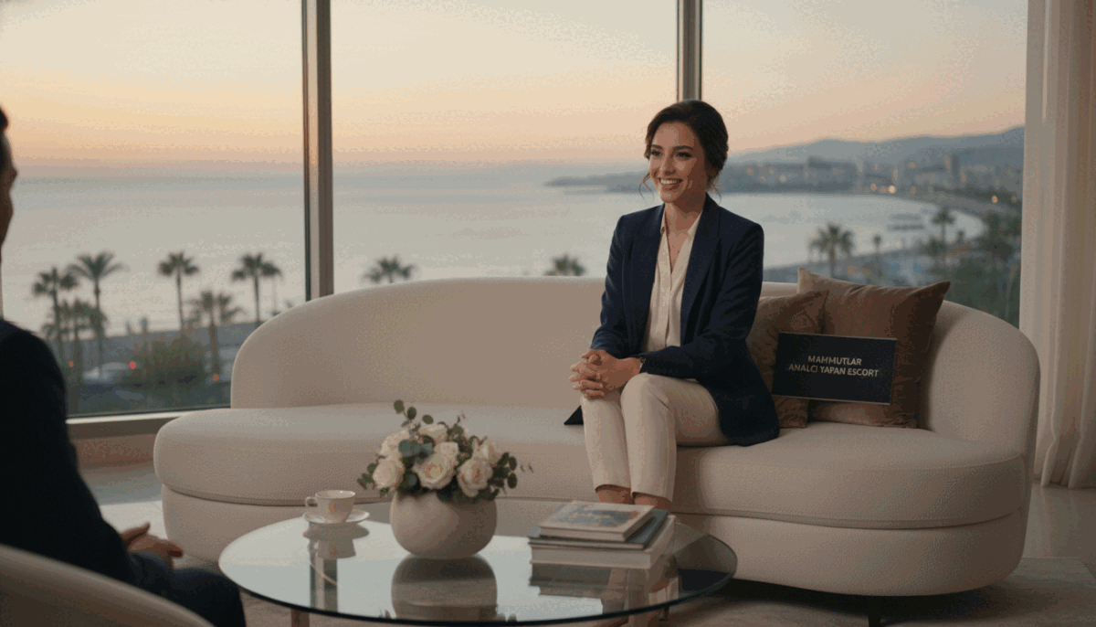 A stylish, elegant living room, well-lit with soft, warm lighting, featuring a modern sofa and tasteful decor. In the foreground, a young woman dressed in a professional, business casual outfit is seated on the sofa, engaged in a friendly conversation, smiling warmly. She represents the professional escort service "mahmutlar analcı yapan escort." In the middle ground, a coffee table is adorned with a tasteful arrangement of flowers and a few books, creating a relaxed atmosphere. The background showcases large windows with a view of Alanya's beautiful coastline, bathed in the golden hues of sunset, enhancing the inviting mood. The scene is captured from a slightly elevated angle, giving a comprehensive view of the comfortable setting while maintaining a focus on the woman’s professional demeanor. A stylish, elegant living room, well-lit with soft, warm lighting, featuring a modern sofa and tasteful decor. In the foreground, a young woman dressed in a professional, business casual outfit is seated on the sofa, engaged in a friendly conversation, smiling warmly. She represents the professional escort service "mahmutlar analcı yapan escort." In the middle ground, a coffee table is adorned with a tasteful arrangement of flowers and a few books, creating a relaxed atmosphere. The background showcases large windows with a view of Alanya's beautiful coastline, bathed in the golden hues of sunset, enhancing the inviting mood. The scene is captured from a slightly elevated angle, giving a comprehensive view of the comfortable setting while maintaining a focus on the woman’s professional demeanor.