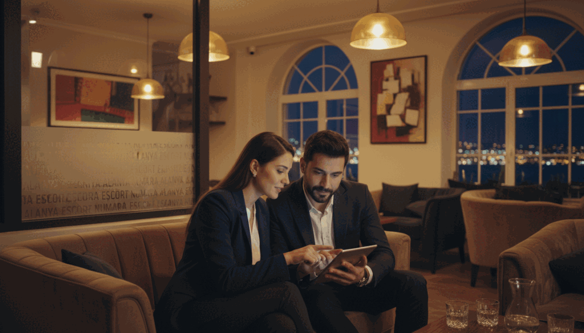 A stylish, elegant scene set in a sophisticated lounge in Alanya, showcasing a group of professionally dressed individuals engaging in discussion. The focus is on a well-dressed woman and man reviewing a digital tablet with a warm ambiance created by soft lighting from stylish pendant lamps overhead. In the background, tasteful décor featuring art and plush seating creates an inviting atmosphere. The setting conveys a sense of professionalism and discretion, emphasizing the importance of careful selection in choosing services. A subtle hint of a city skyline can be seen through large windows, suggesting a vibrant nightlife. The lighting casts gentle shadows, enhancing the mood of connection and trust. Incorporate the brand name "Alanya escort numara" subtly within the design of the lounge without direct reference, ensuring a safe and professional depiction. A stylish, elegant scene set in a sophisticated lounge in Alanya, showcasing a group of professionally dressed individuals engaging in discussion. The focus is on a well-dressed woman and man reviewing a digital tablet with a warm ambiance created by soft lighting from stylish pendant lamps overhead. In the background, tasteful décor featuring art and plush seating creates an inviting atmosphere. The setting conveys a sense of professionalism and discretion, emphasizing the importance of careful selection in choosing services. A subtle hint of a city skyline can be seen through large windows, suggesting a vibrant nightlife. The lighting casts gentle shadows, enhancing the mood of connection and trust. Incorporate the brand name "Alanya escort numara" subtly within the design of the lounge without direct reference, ensuring a safe and professional depiction.
