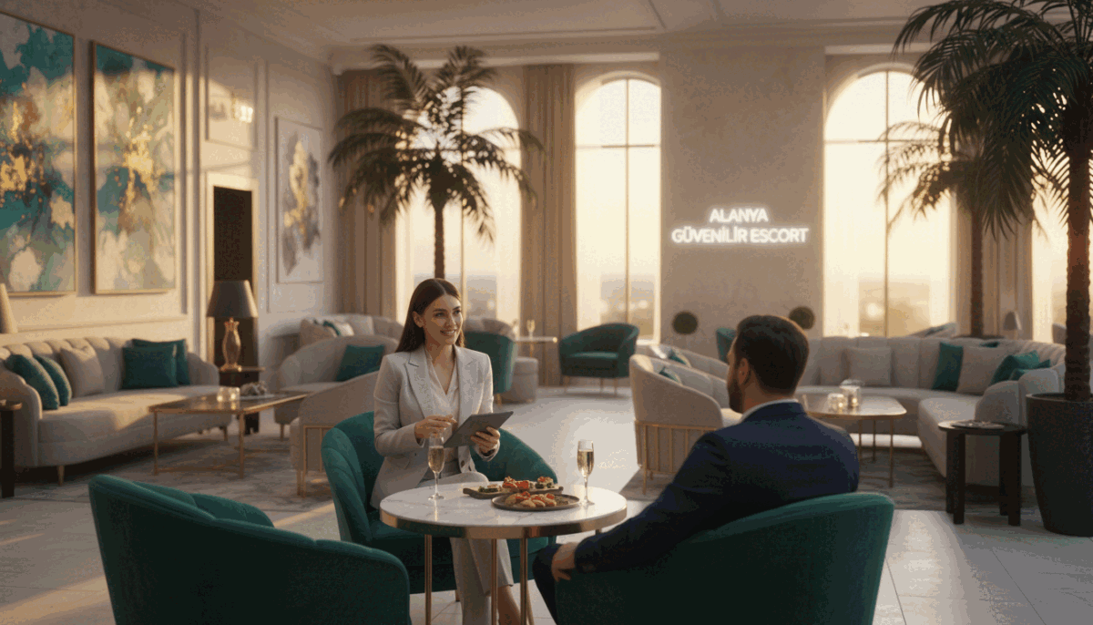 A stylish lounge in Alanya, showcasing a sophisticated setting for relaxation and socializing. In the foreground, a well-dressed female companion, dressed in elegant business attire, exudes professionalism and charm, engaging with a client seated comfortably at a table. The middle ground features luxurious decor, including plush seating, soft lighting, and tasteful artwork, creating an inviting atmosphere. Palms can be seen inside, adding a touch of tropical flair that connects to Alanya's coastal vibes. In the background, soft sunset light filters through large windows, casting an amber glow over the scene, enhancing the mood of warmth and sophistication. The image embodies a sense of luxury and unforgettable experiences, with subtle hints of Alanya's best escort services, branded as "Alanya güvenilir escort." A stylish lounge in Alanya, showcasing a sophisticated setting for relaxation and socializing. In the foreground, a well-dressed female companion, dressed in elegant business attire, exudes professionalism and charm, engaging with a client seated comfortably at a table. The middle ground features luxurious decor, including plush seating, soft lighting, and tasteful artwork, creating an inviting atmosphere. Palms can be seen inside, adding a touch of tropical flair that connects to Alanya's coastal vibes. In the background, soft sunset light filters through large windows, casting an amber glow over the scene, enhancing the mood of warmth and sophistication. The image embodies a sense of luxury and unforgettable experiences, with subtle hints of Alanya's best escort services, branded as "Alanya güvenilir escort."
