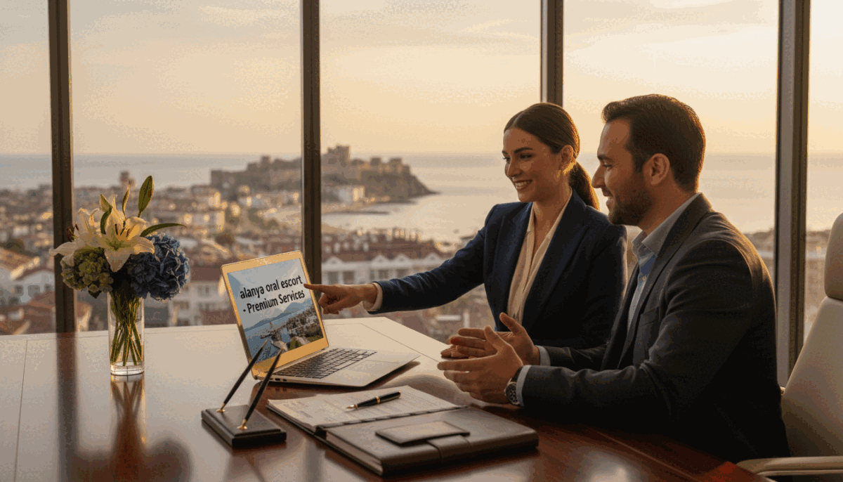A stylish office setting in Alanya, showcasing a professional business atmosphere. In the foreground, a sleek desk with a laptop open, papers neatly arranged, and a modern vase of fresh flowers. In the middle, two elegantly dressed individuals in professional attire engaged in a conversation, exuding confidence and professionalism. One is gesturing towards the laptop, indicating a discussion about "alanya oral escort" services. In the background, a large window reveals a stunning view of Alanya’s coastline, bathed in warm, golden sunset light. The overall mood is sophisticated and inviting, focusing on professionalism and high standards of service. Use a shallow depth of field to emphasize the subjects while softly blurring the background. A stylish office setting in Alanya, showcasing a professional business atmosphere. In the foreground, a sleek desk with a laptop open, papers neatly arranged, and a modern vase of fresh flowers. In the middle, two elegantly dressed individuals in professional attire engaged in a conversation, exuding confidence and professionalism. One is gesturing towards the laptop, indicating a discussion about "alanya oral escort" services. In the background, a large window reveals a stunning view of Alanya’s coastline, bathed in warm, golden sunset light. The overall mood is sophisticated and inviting, focusing on professionalism and high standards of service. Use a shallow depth of field to emphasize the subjects while softly blurring the background.